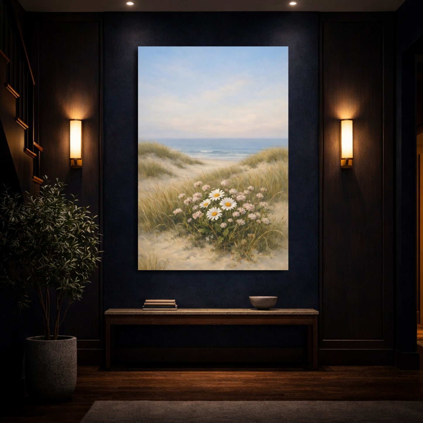 Mockup 3. Nature Daisies Pastel Beach Landscape shown as stretched canvas wall art