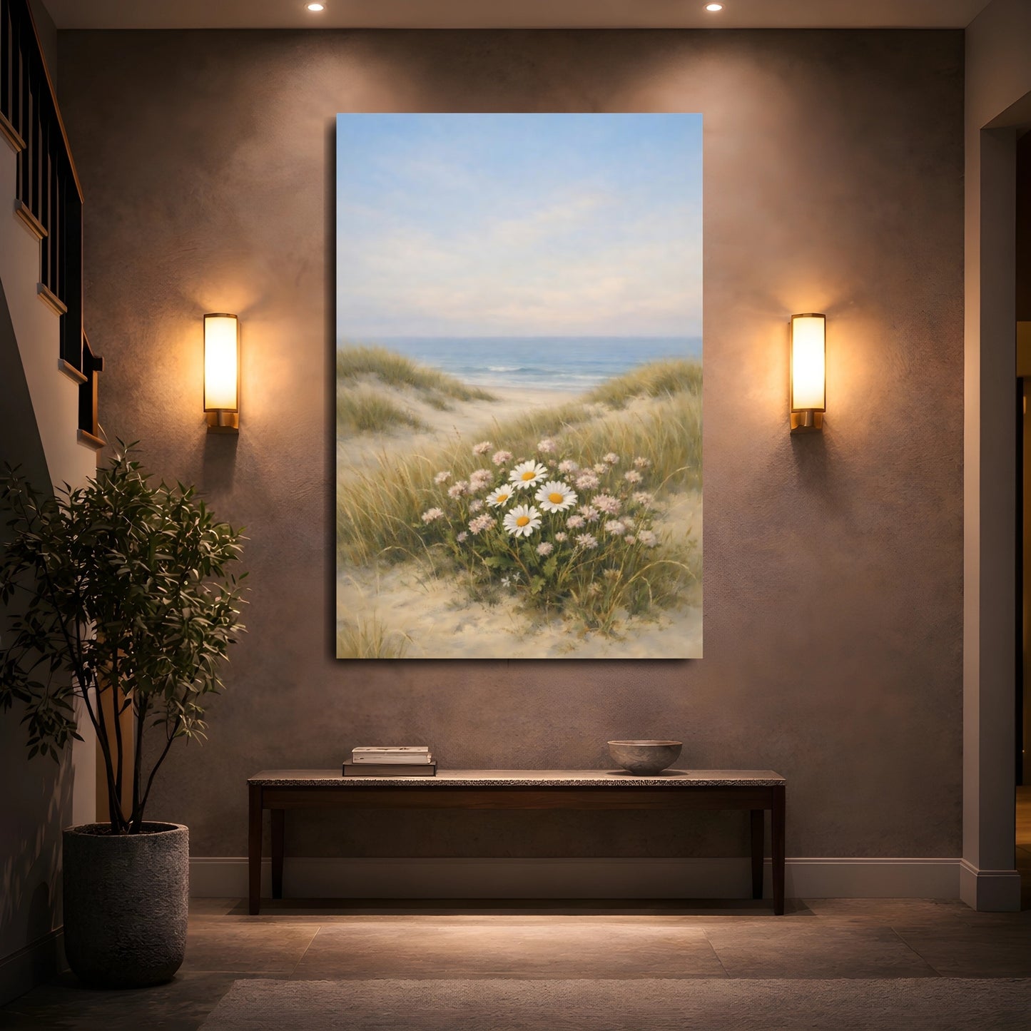 Mockup 4. Nature Daisies Pastel Beach Landscape shown as stretched canvas wall art