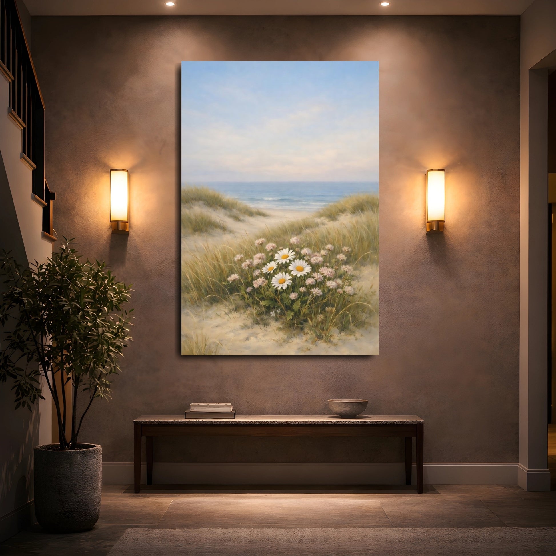 Mockup 4. Nature Daisies Pastel Beach Landscape shown as stretched canvas wall art