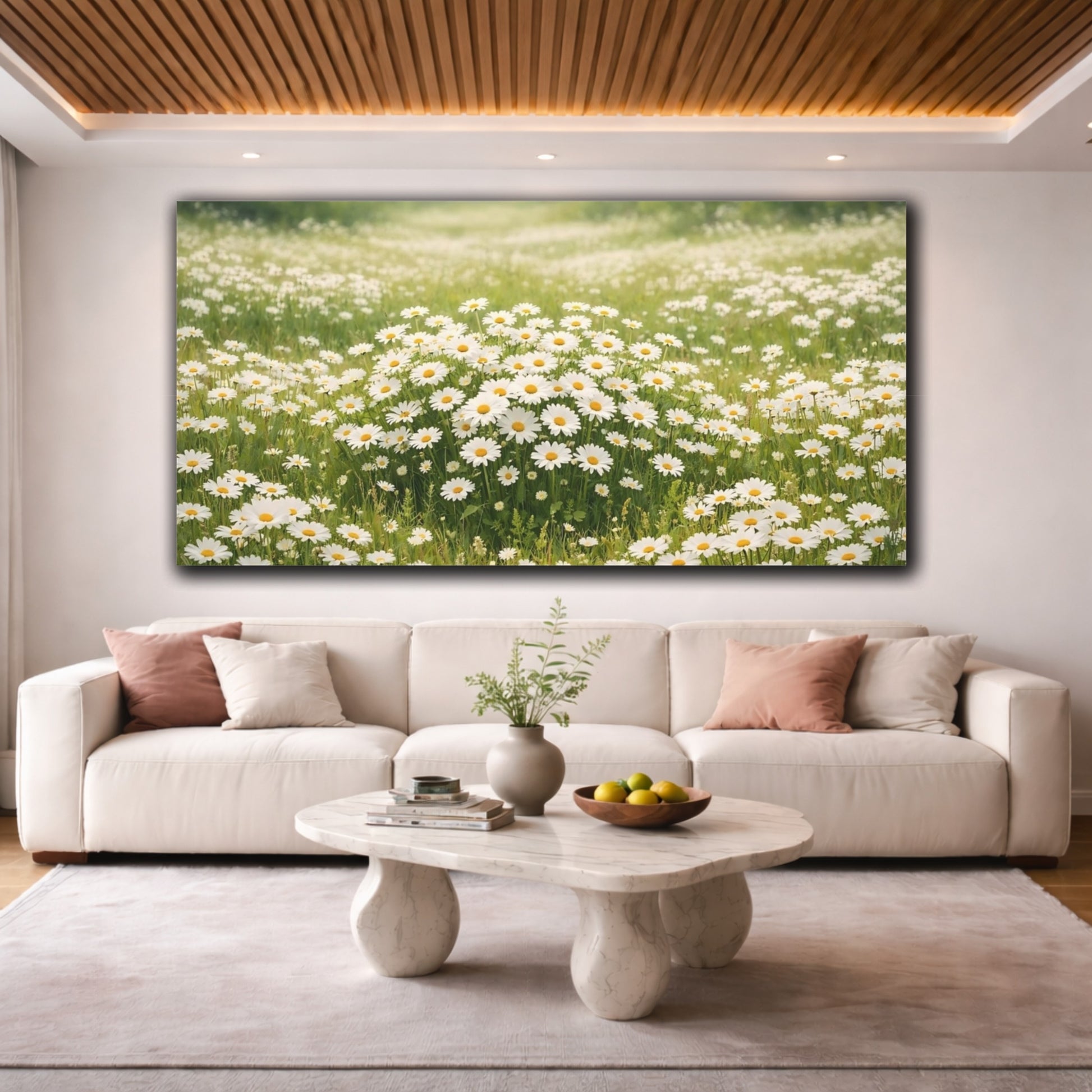 Mockup 3. Nature Daisies White Daisies Field shown as stretched canvas wall art