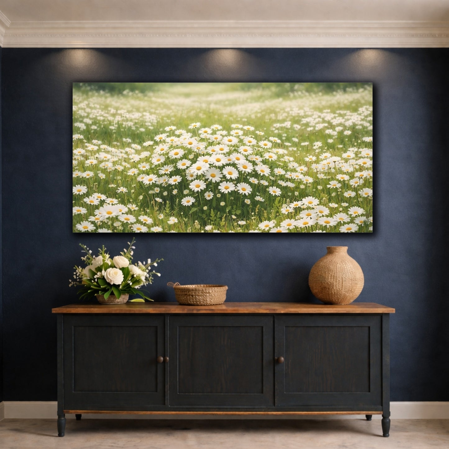 Mockup 4. Nature Daisies White Daisies Field shown as stretched canvas wall art