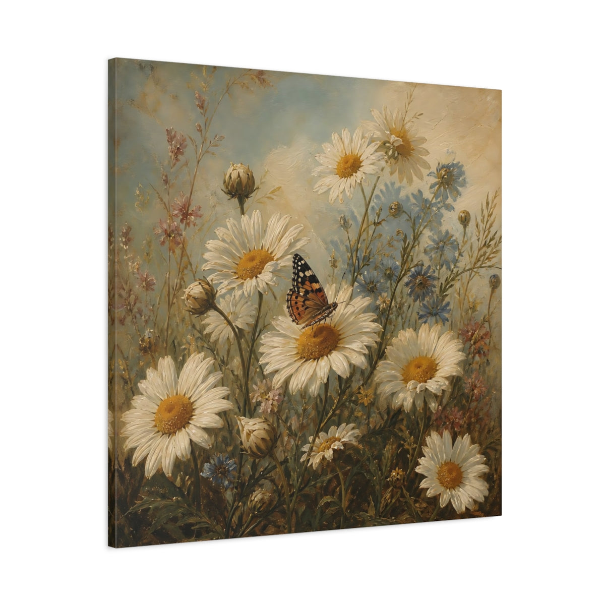 Main Mockup. Nature Daisies, Butterfly White And Green shown as stretched canvas wall art