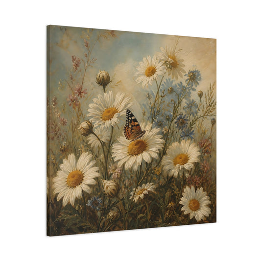 Main Mockup. Nature Daisies, Butterfly White And Green shown as stretched canvas wall art
