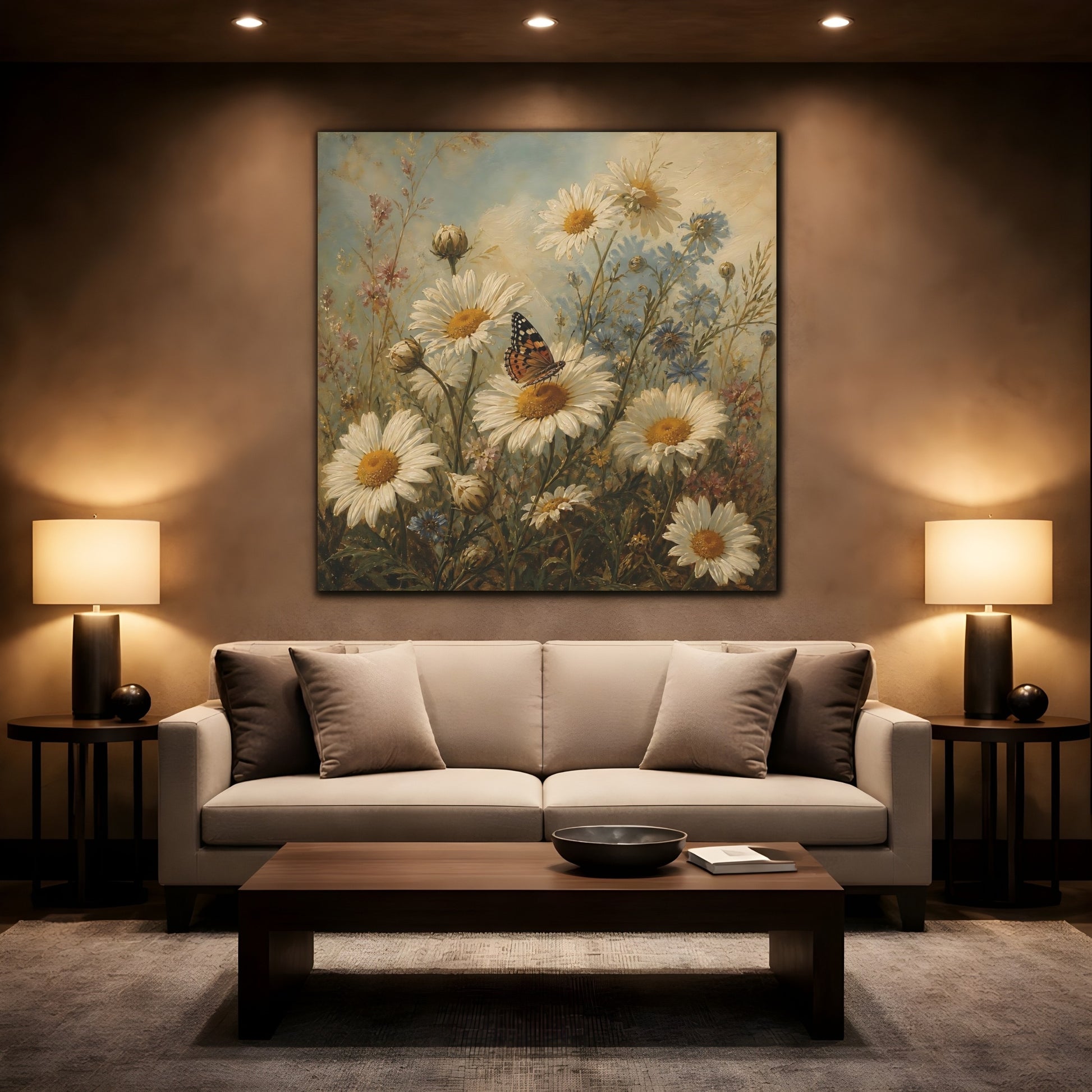 Mockup 2. Nature Daisies, Butterfly White And Green shown as stretched canvas wall art