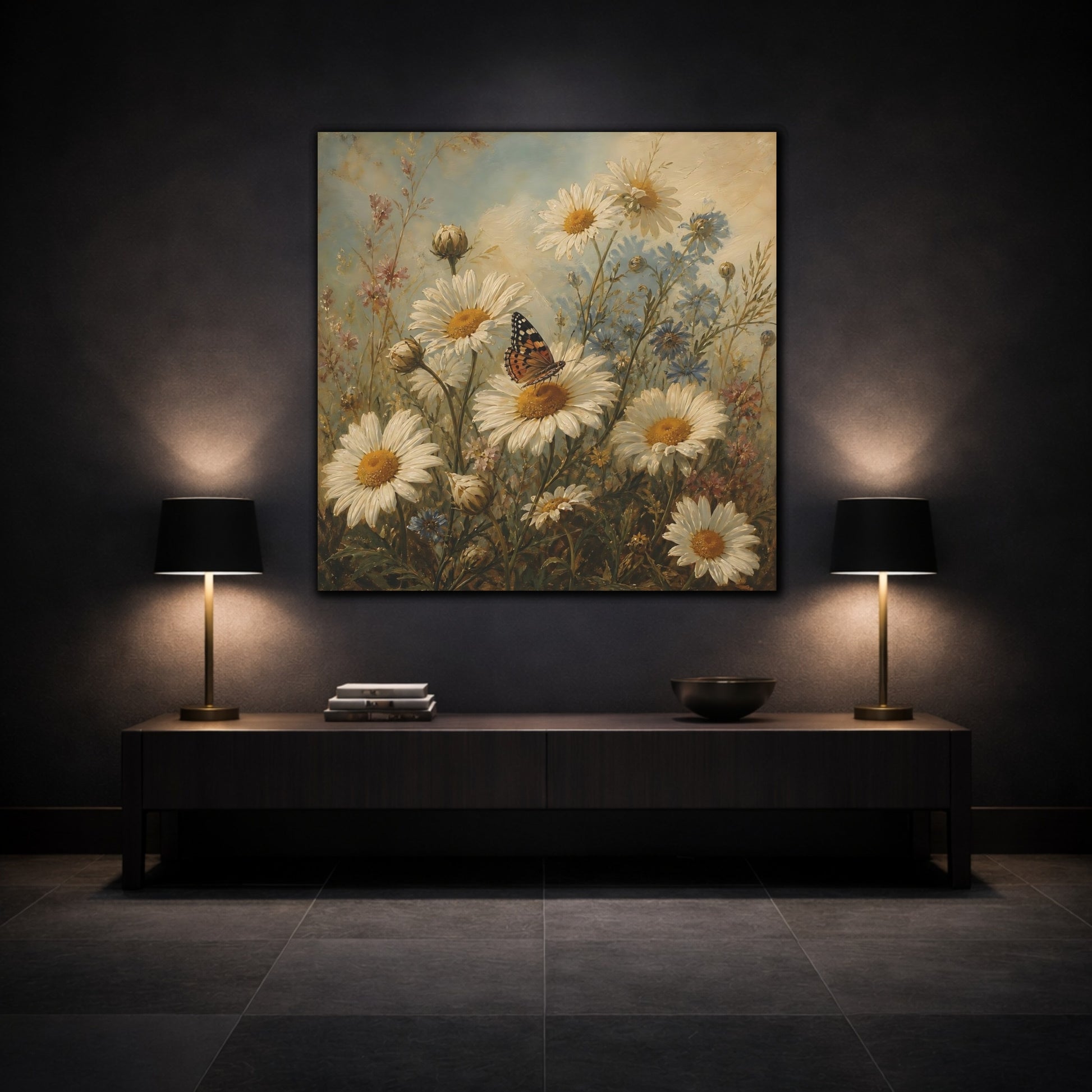 Mockup 3. Nature Daisies, Butterfly White And Green shown as stretched canvas wall art