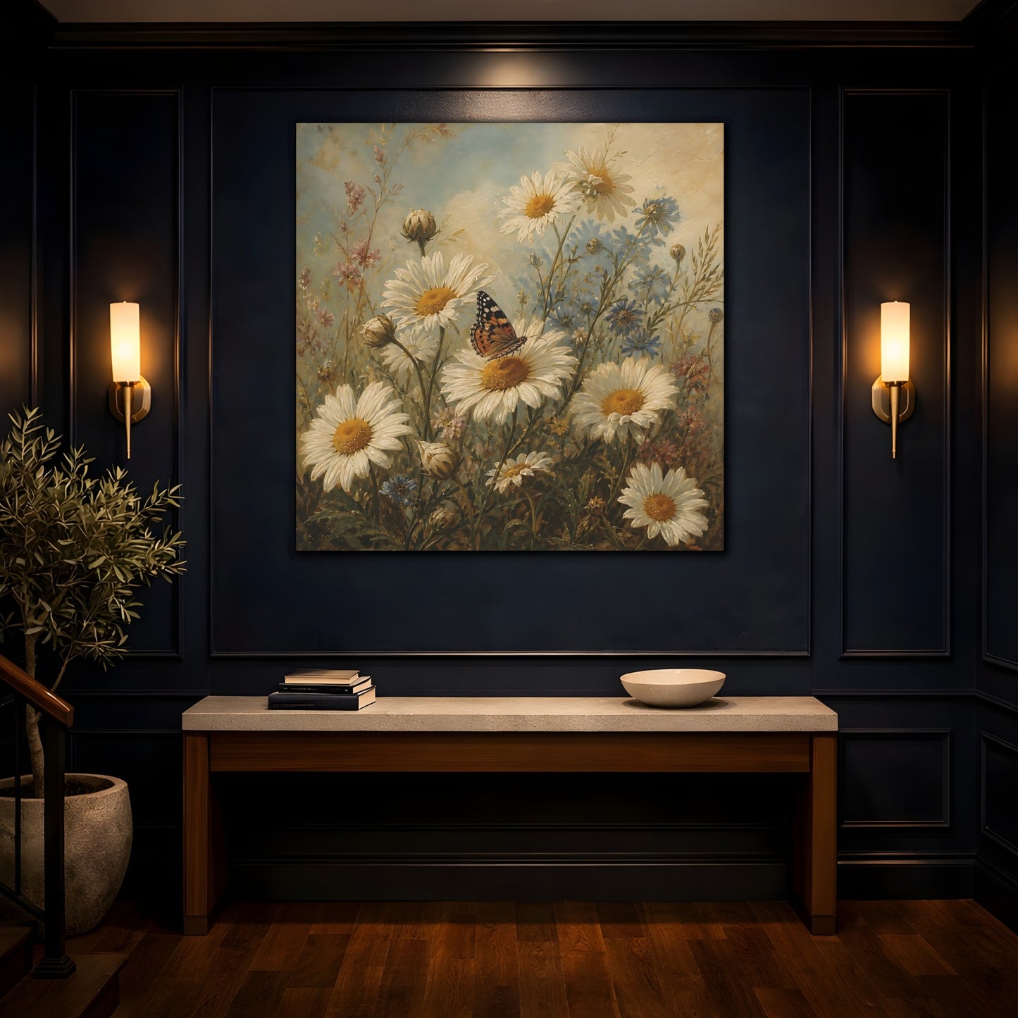 Mockup 4. Nature Daisies, Butterfly White And Green shown as stretched canvas wall art