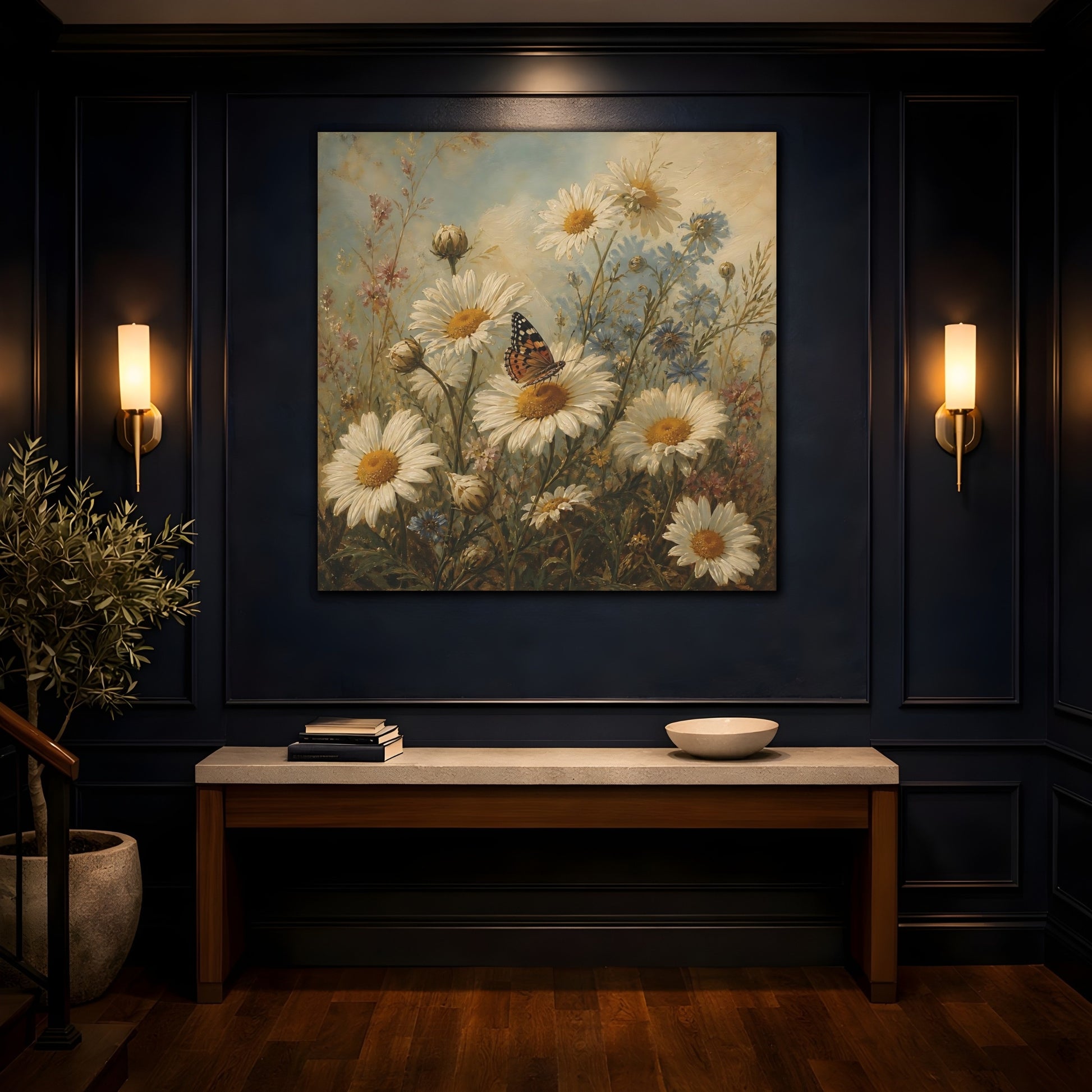 Mockup 4. Nature Daisies, Butterfly White And Green shown as stretched canvas wall art