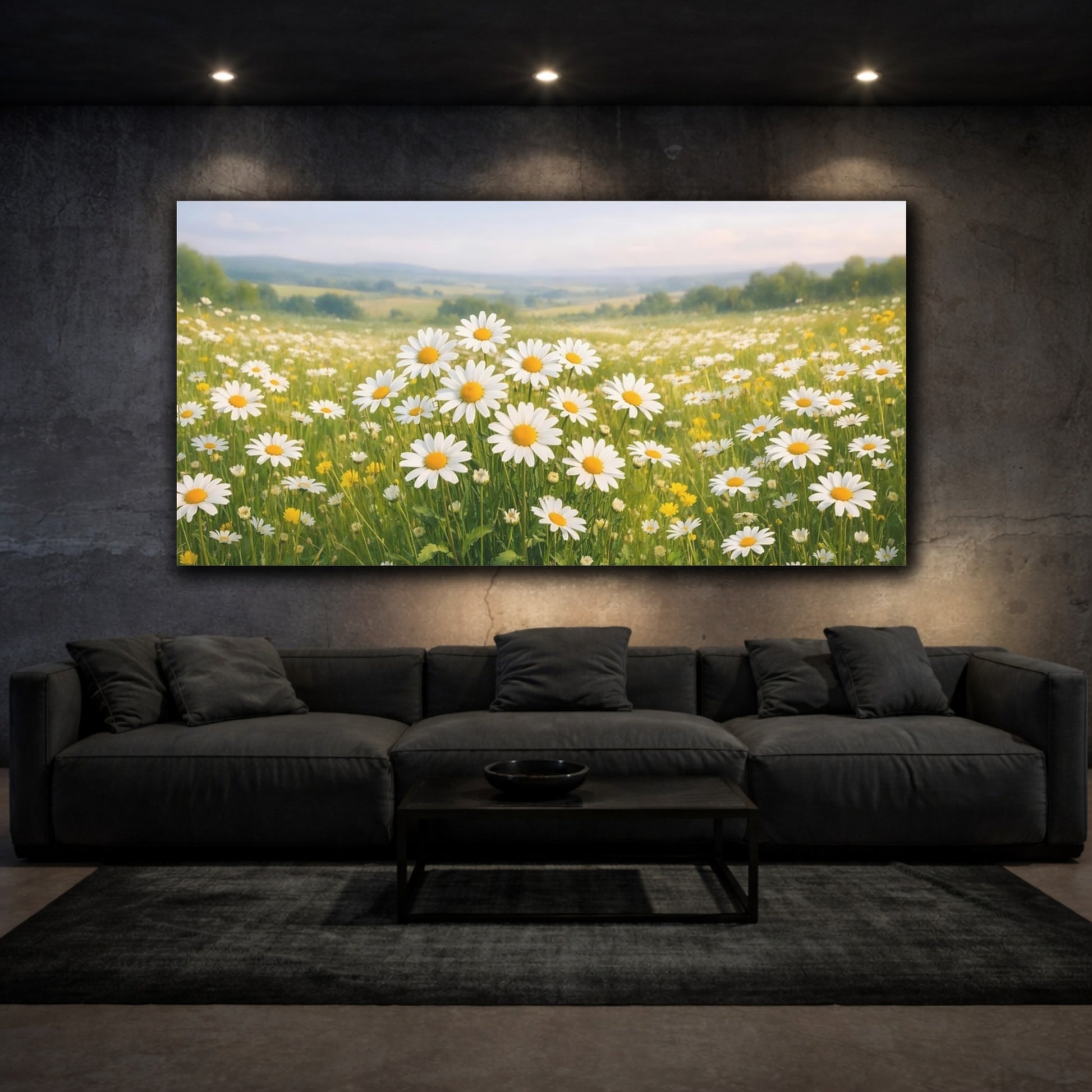 Mockup 2. Nature Daisy Field Daisy Field shown as stretched canvas wall art