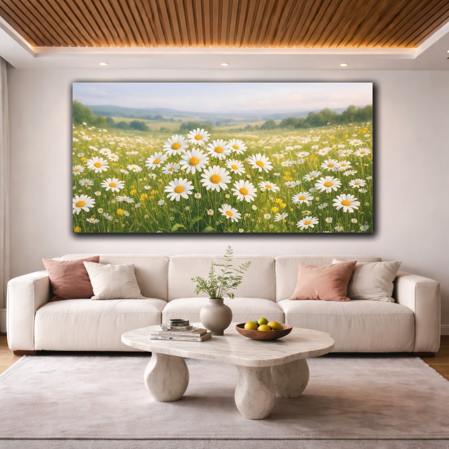 Mockup 3. Nature Daisy Field Daisy Field shown as stretched canvas wall art