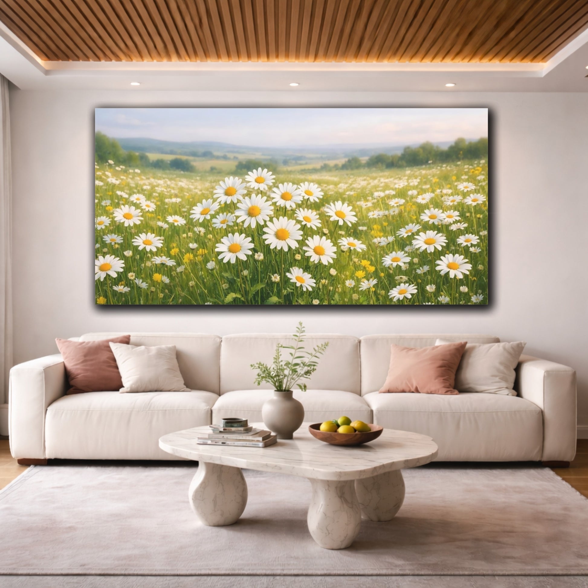 Mockup 3. Nature Daisy Field Daisy Field shown as stretched canvas wall art
