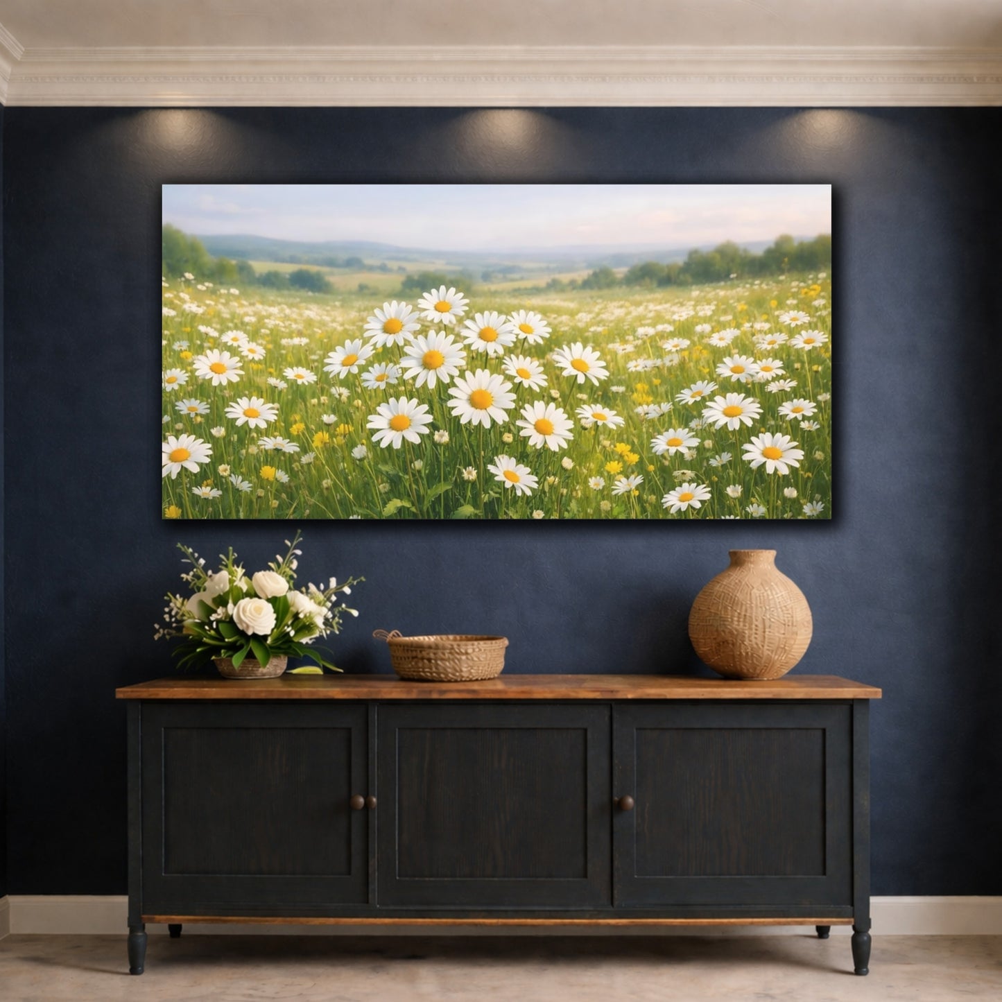Mockup 4. Nature Daisy Field Daisy Field shown as stretched canvas wall art
