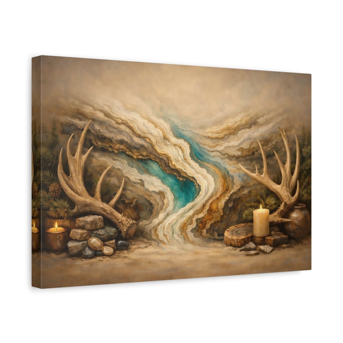 Nature Deer Antlers Brown And Teal - Canvas Wall Art Print - YesArtYes