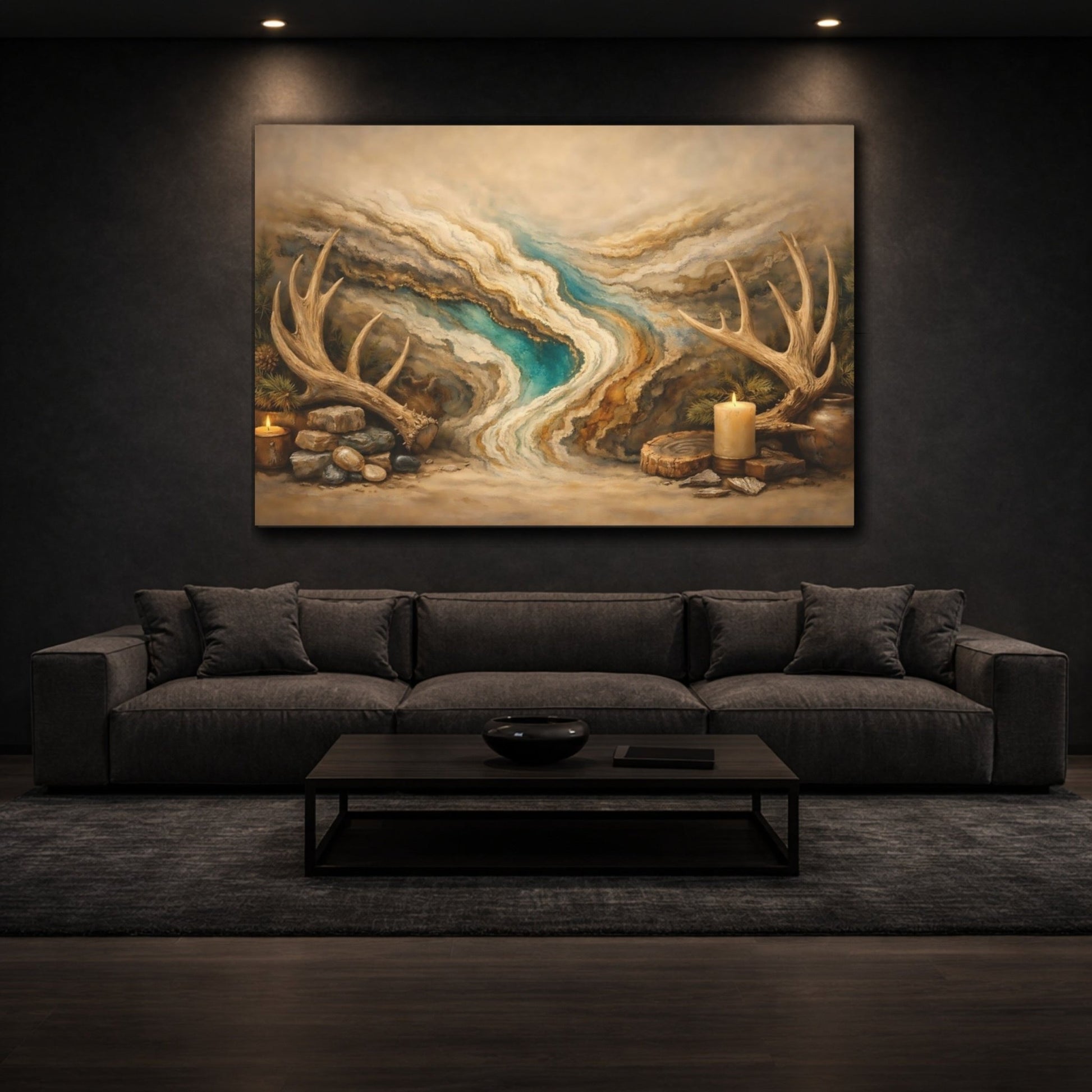 Nature Deer Antlers Brown And Teal - Canvas Wall Art Print - YesArtYes