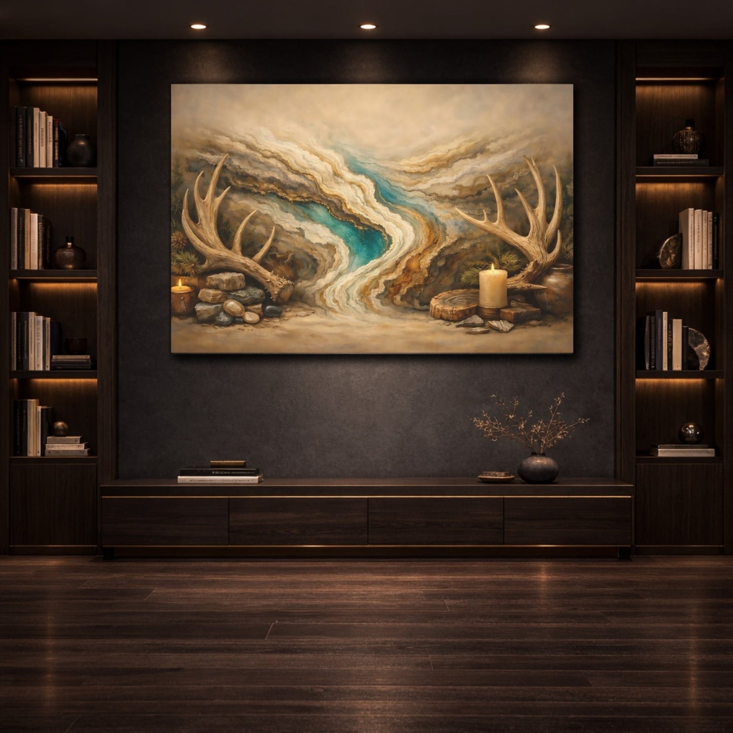 Nature Deer Antlers Brown And Teal - Canvas Wall Art Print - YesArtYes