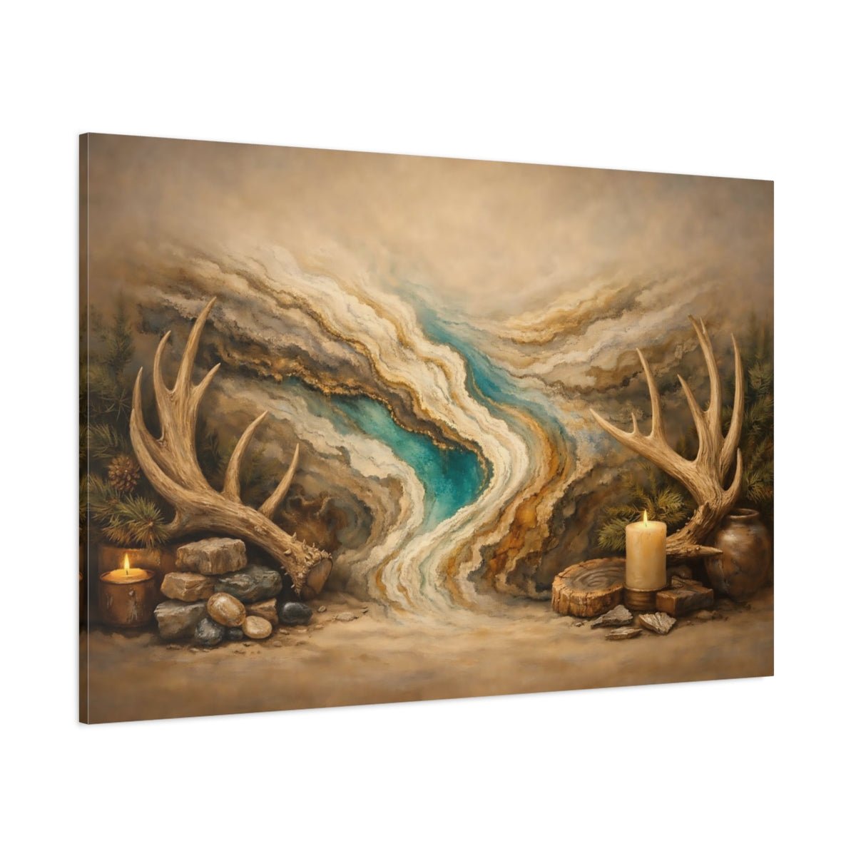Nature Deer Antlers Brown And Teal - Canvas Wall Art Print - YesArtYes