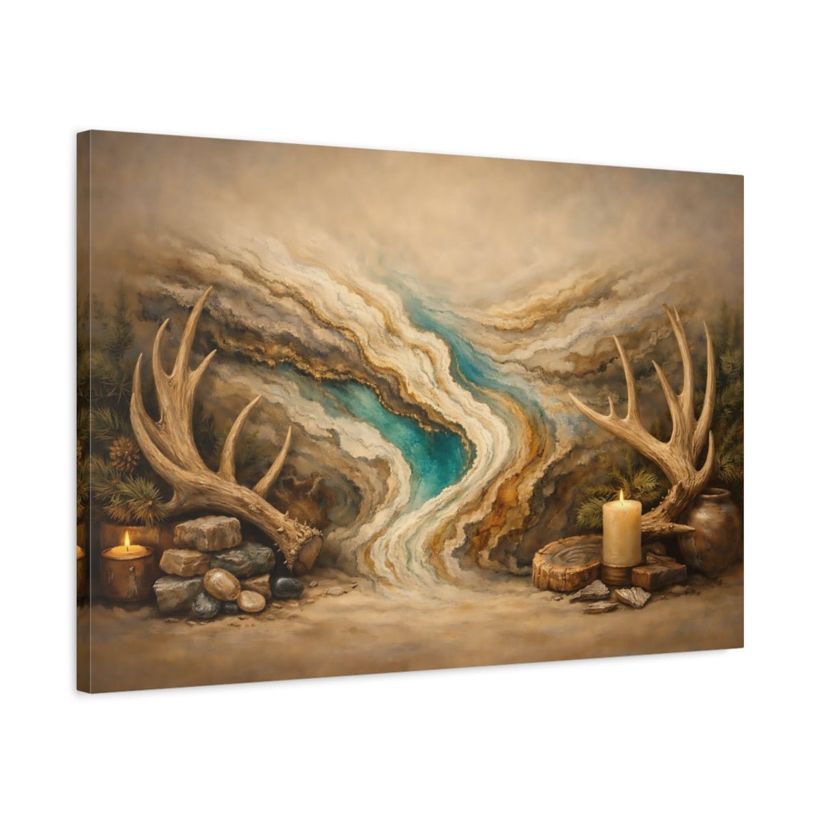 Nature Deer Antlers Brown And Teal - Canvas Wall Art Print - YesArtYes