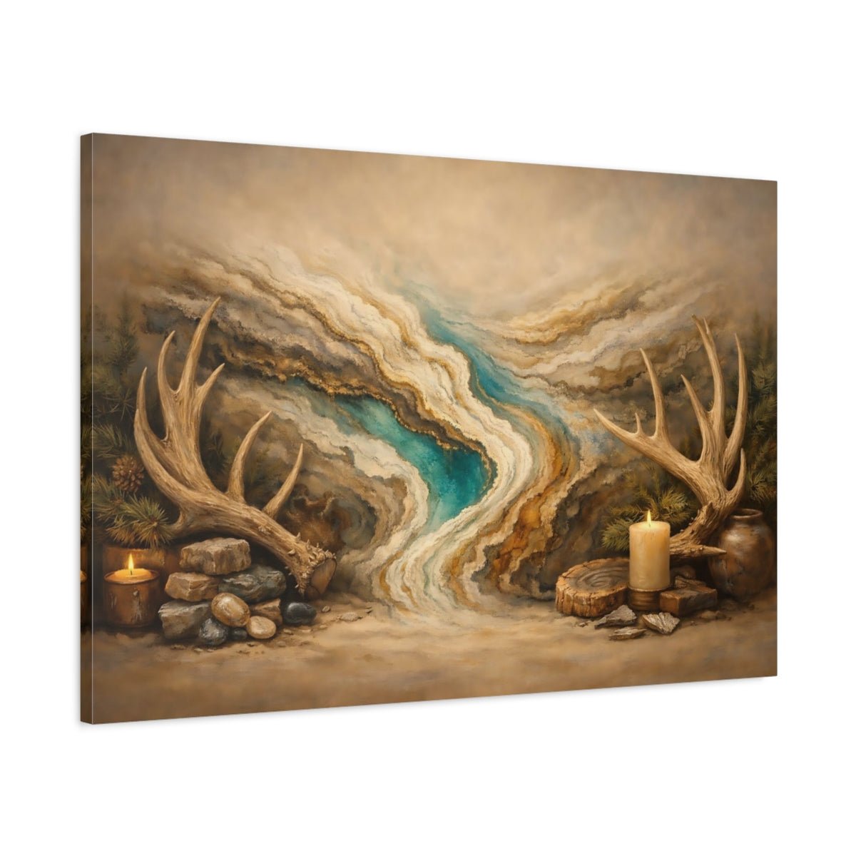 Nature Deer Antlers Brown And Teal - Canvas Wall Art Print - YesArtYes