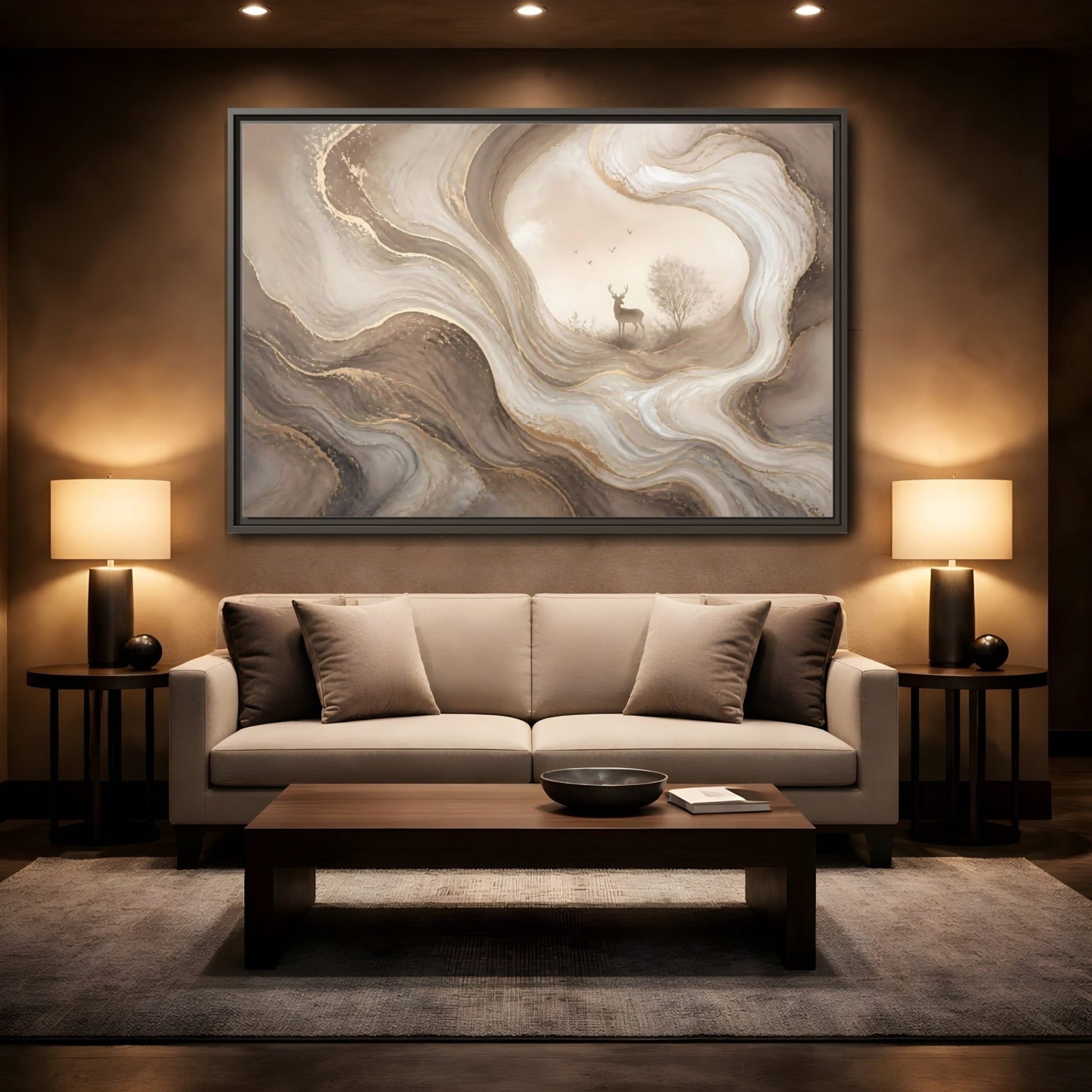 Nature Deer Brown And Gold Abstract Framed Canvas Print – Living Room, Above Fireplace - YesArtYes