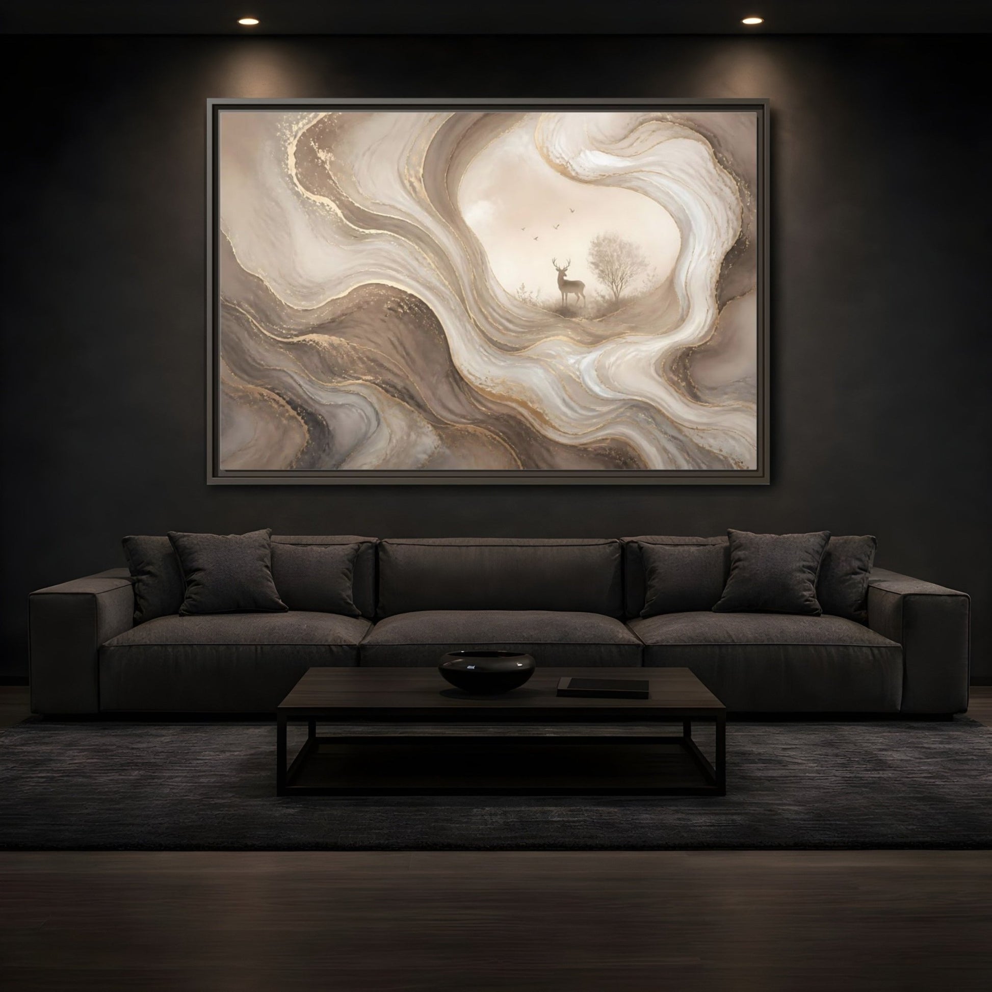 Nature Deer Brown And Gold Abstract Framed Canvas Print – Living Room, Above Fireplace - YesArtYes