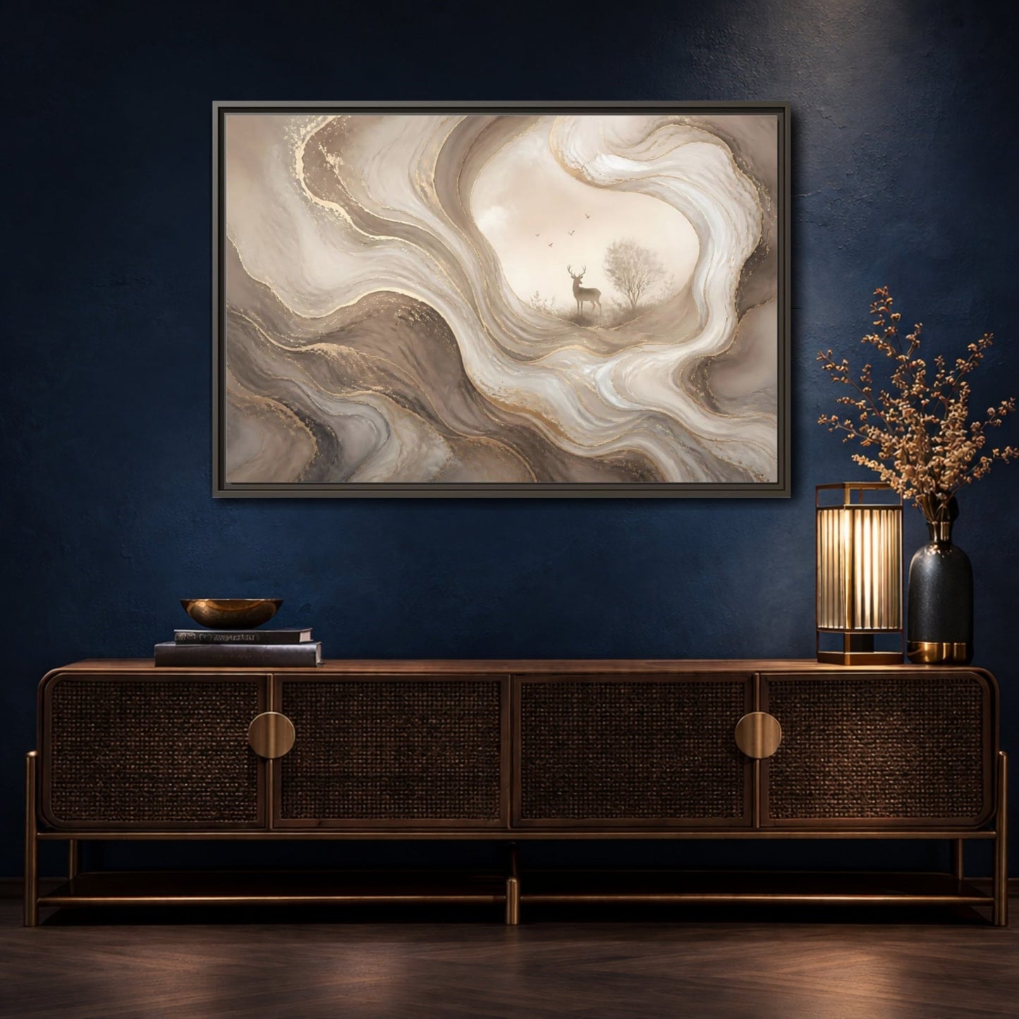 Nature Deer Brown And Gold Abstract Framed Canvas Print – Living Room, Above Fireplace - YesArtYes