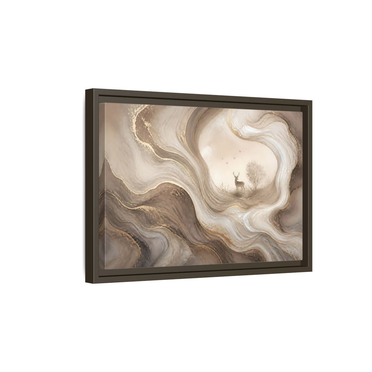 Side Mockup 5. Nature Deer Brown And Gold Abstract shown as framed canvas print