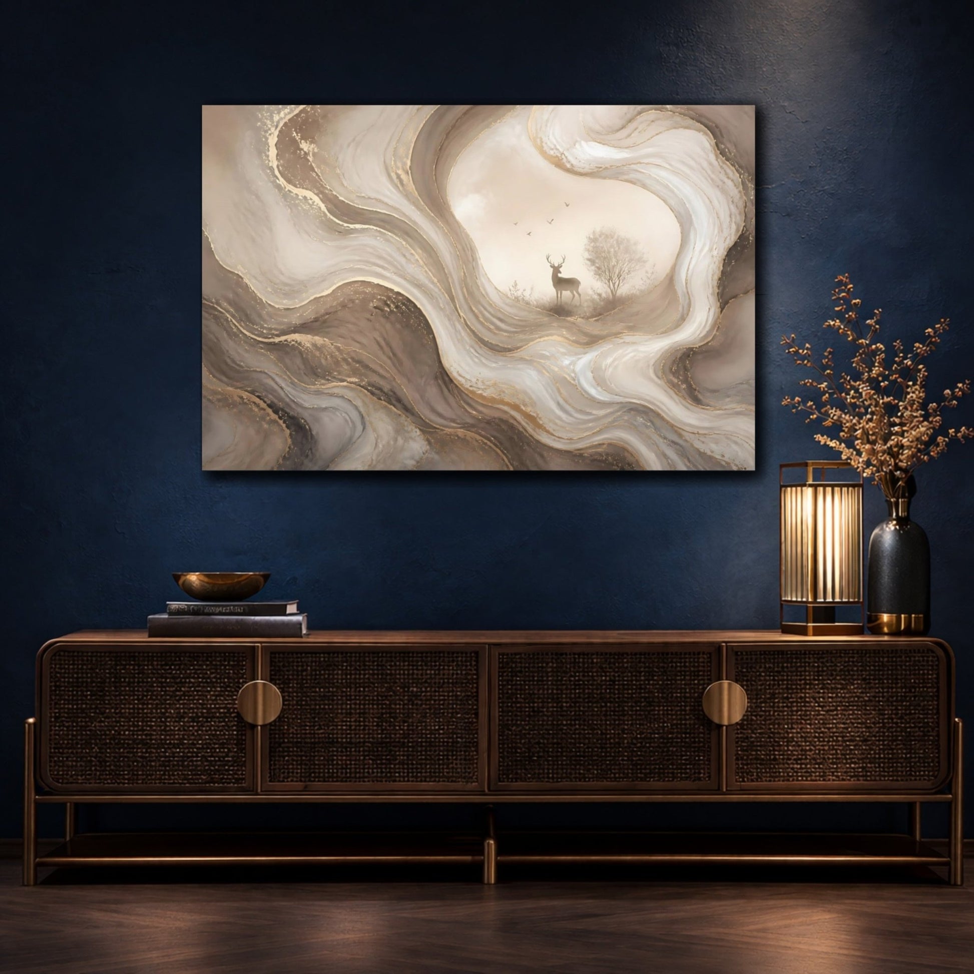 Nature Deer Brown And Gold Canvas Print – Living Room, Above Console Table - YesArtYes