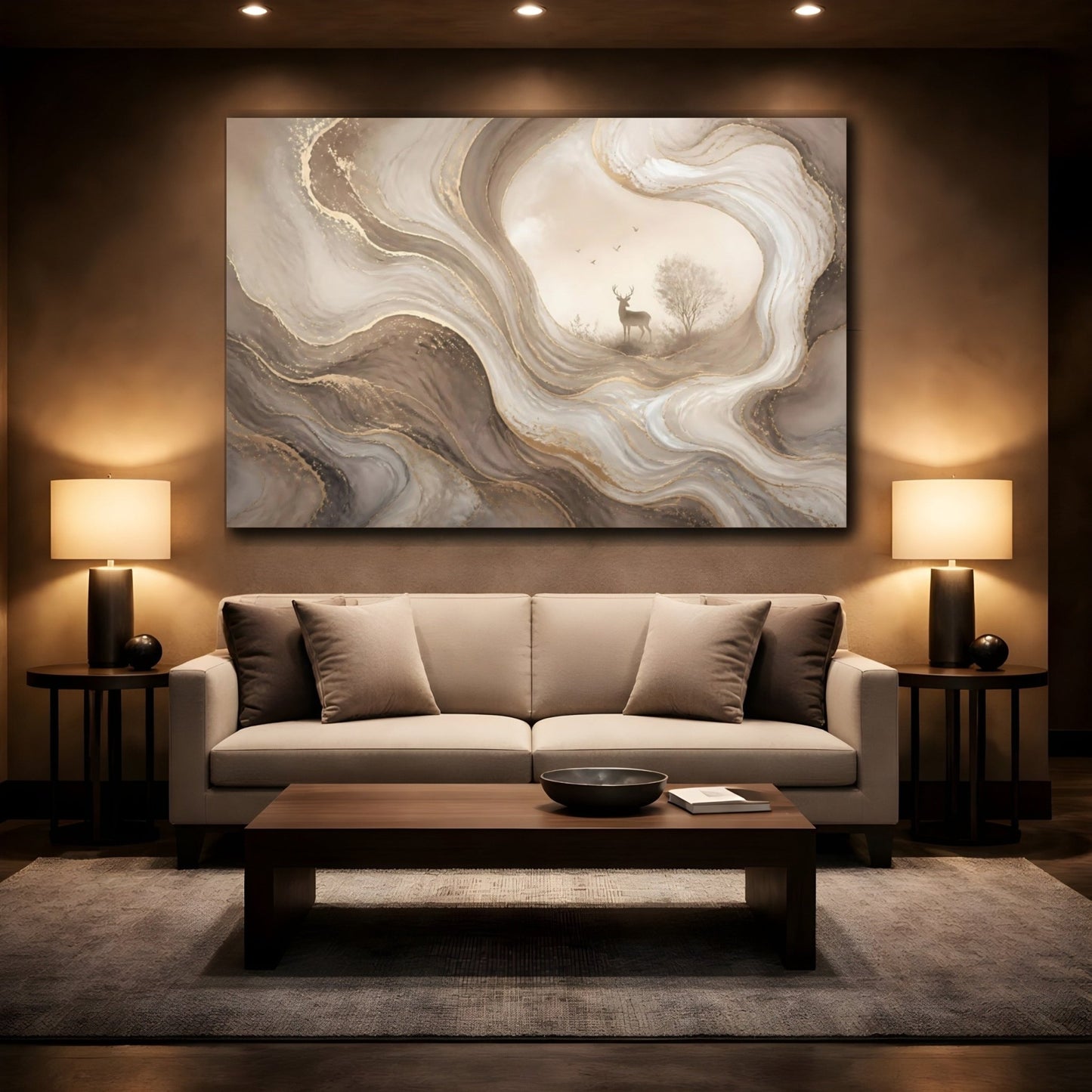 Nature Deer Brown And Gold Canvas Print – Living Room, Above Console Table - YesArtYes