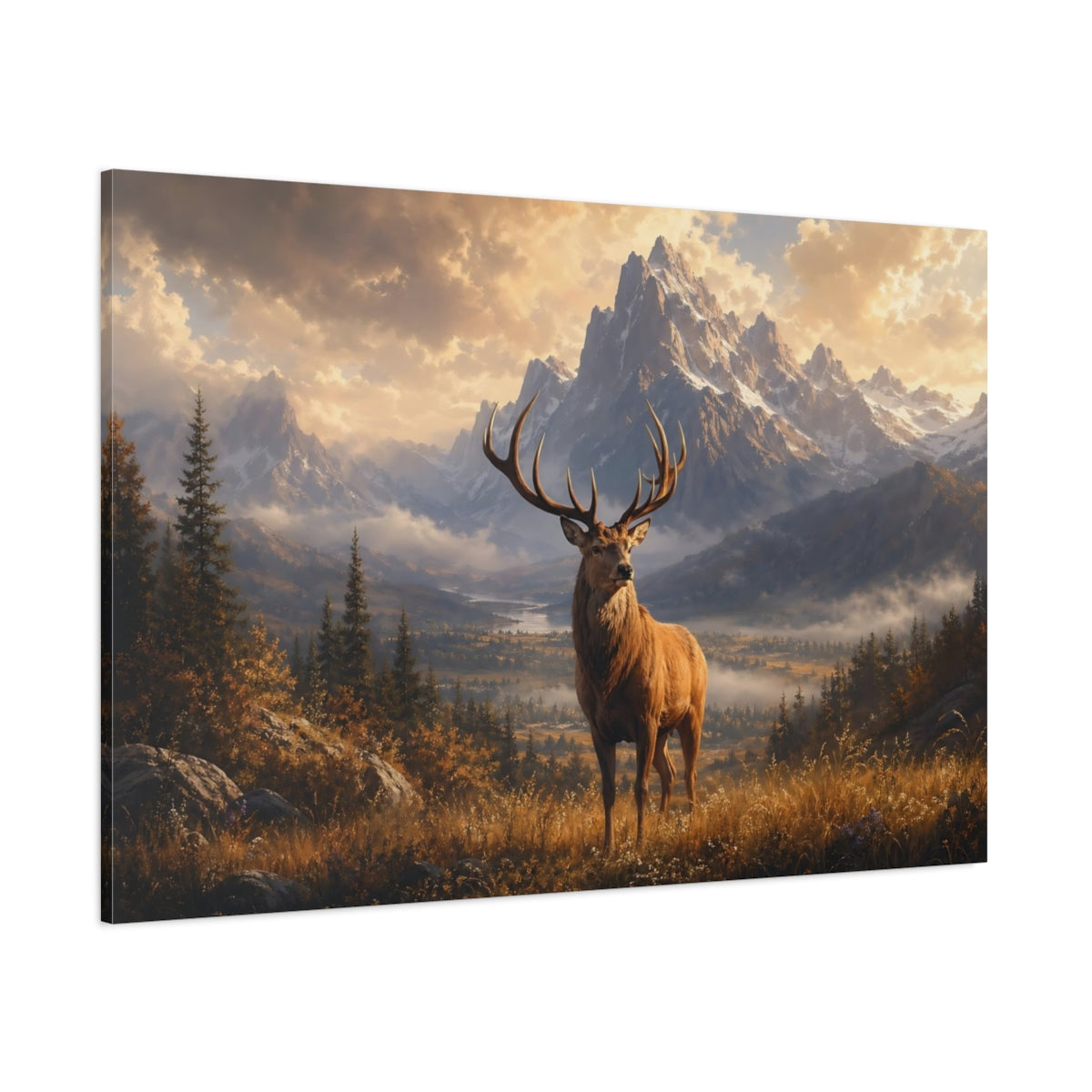 Side Mockup 1. Nature Deer Brown Gold Landscape shown as stretched canvas wall art