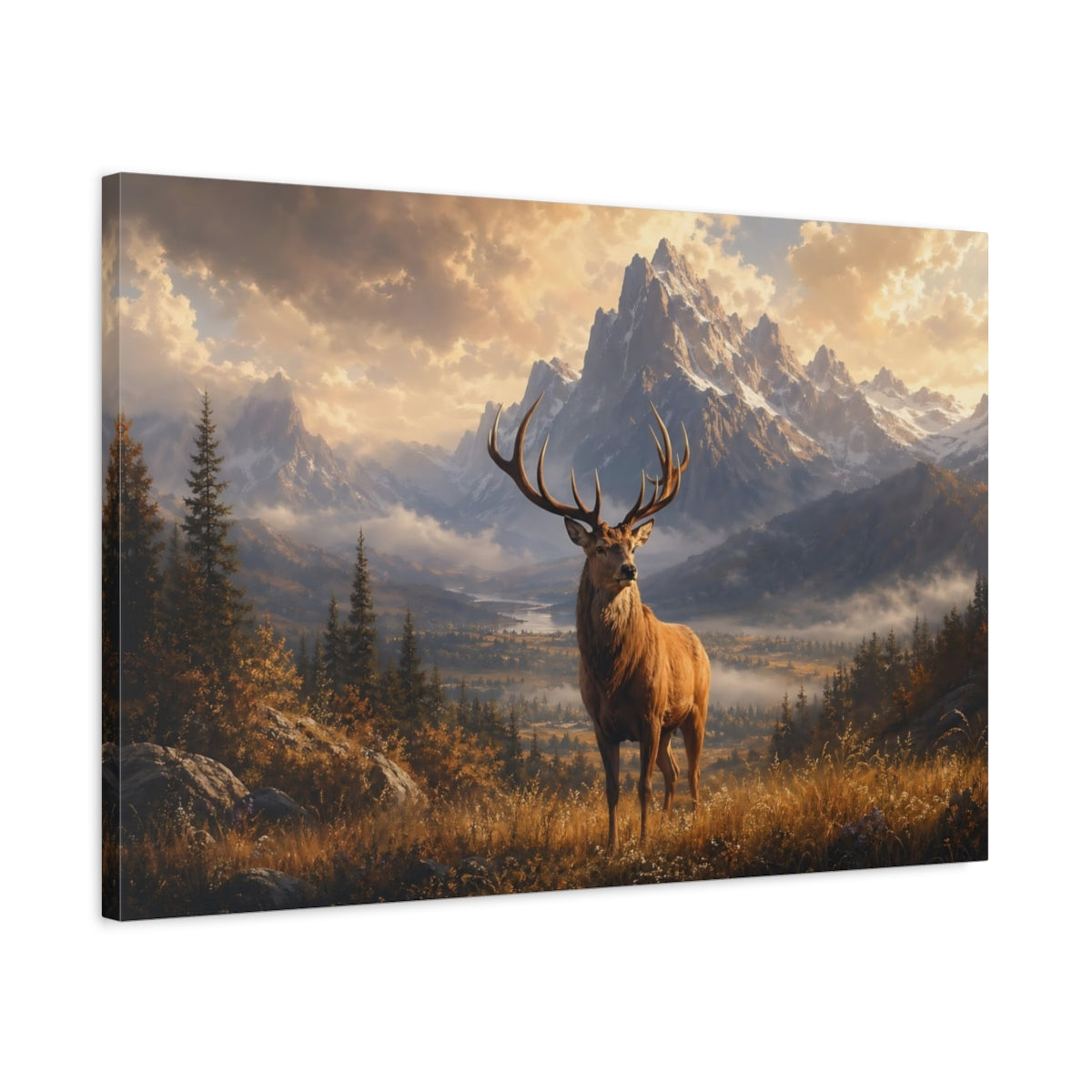 Side Mockup 2. Nature Deer Brown Gold Landscape shown as stretched canvas wall art