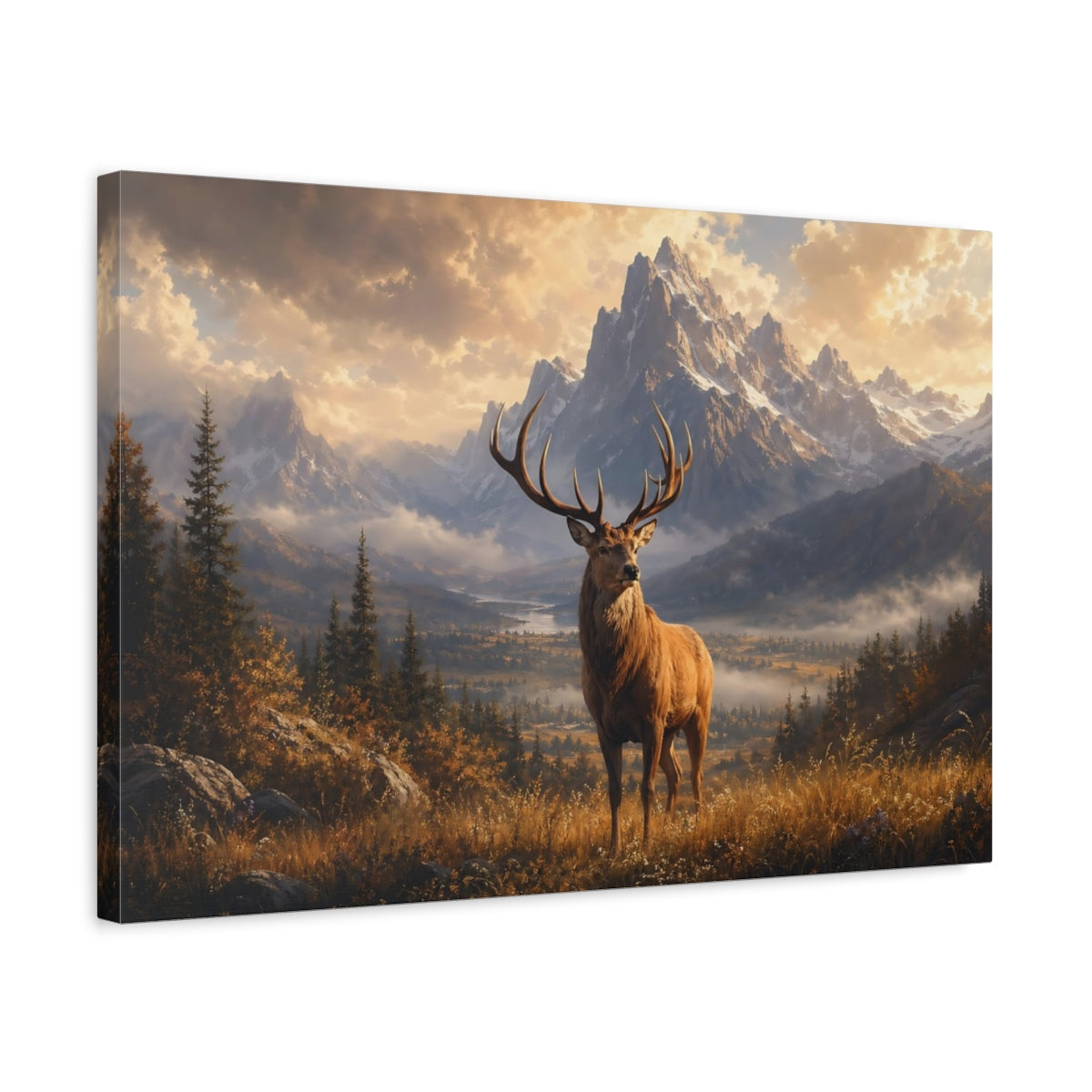 Side Mockup 3. Nature Deer Brown Gold Landscape shown as stretched canvas wall art