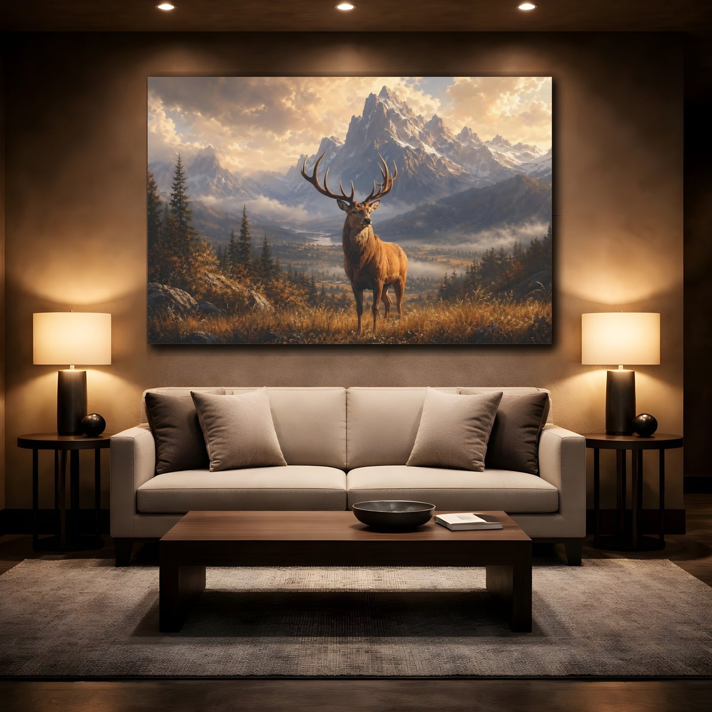 Mockup 2. Nature Deer Brown Gold Landscape shown as stretched canvas wall art