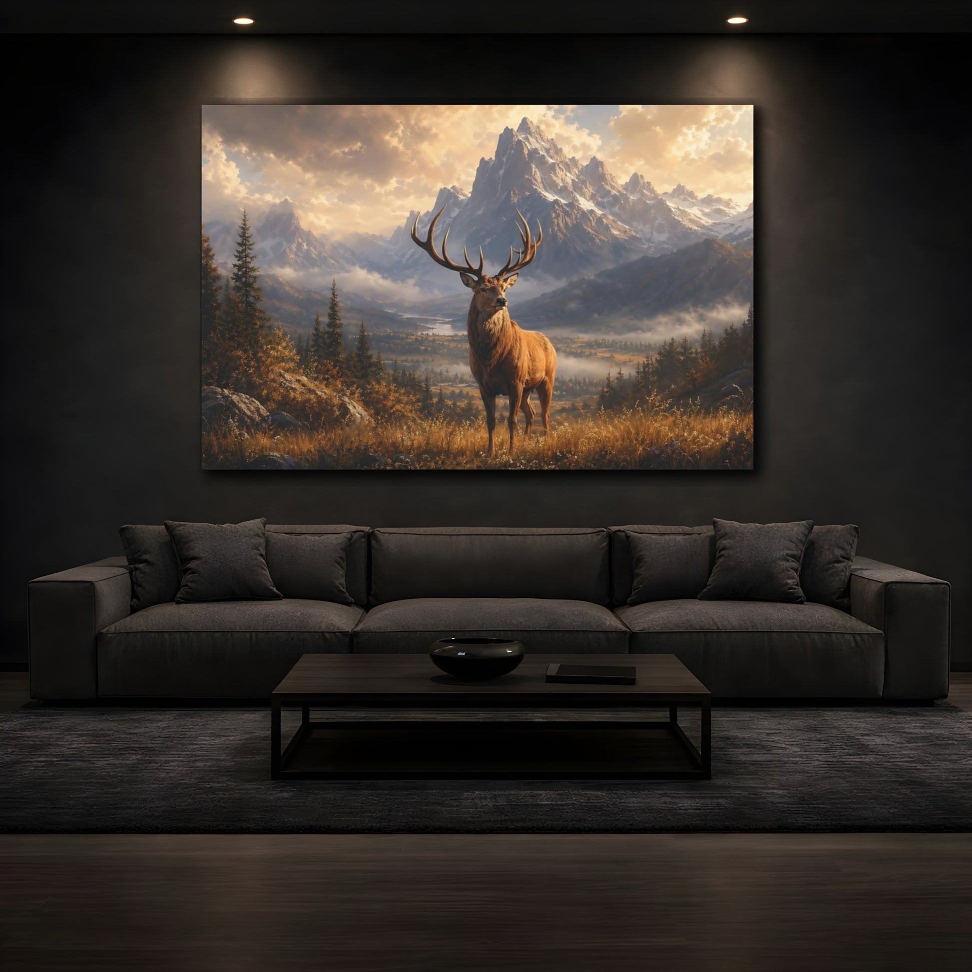 Mockup 3. Nature Deer Brown Gold Landscape shown as stretched canvas wall art
