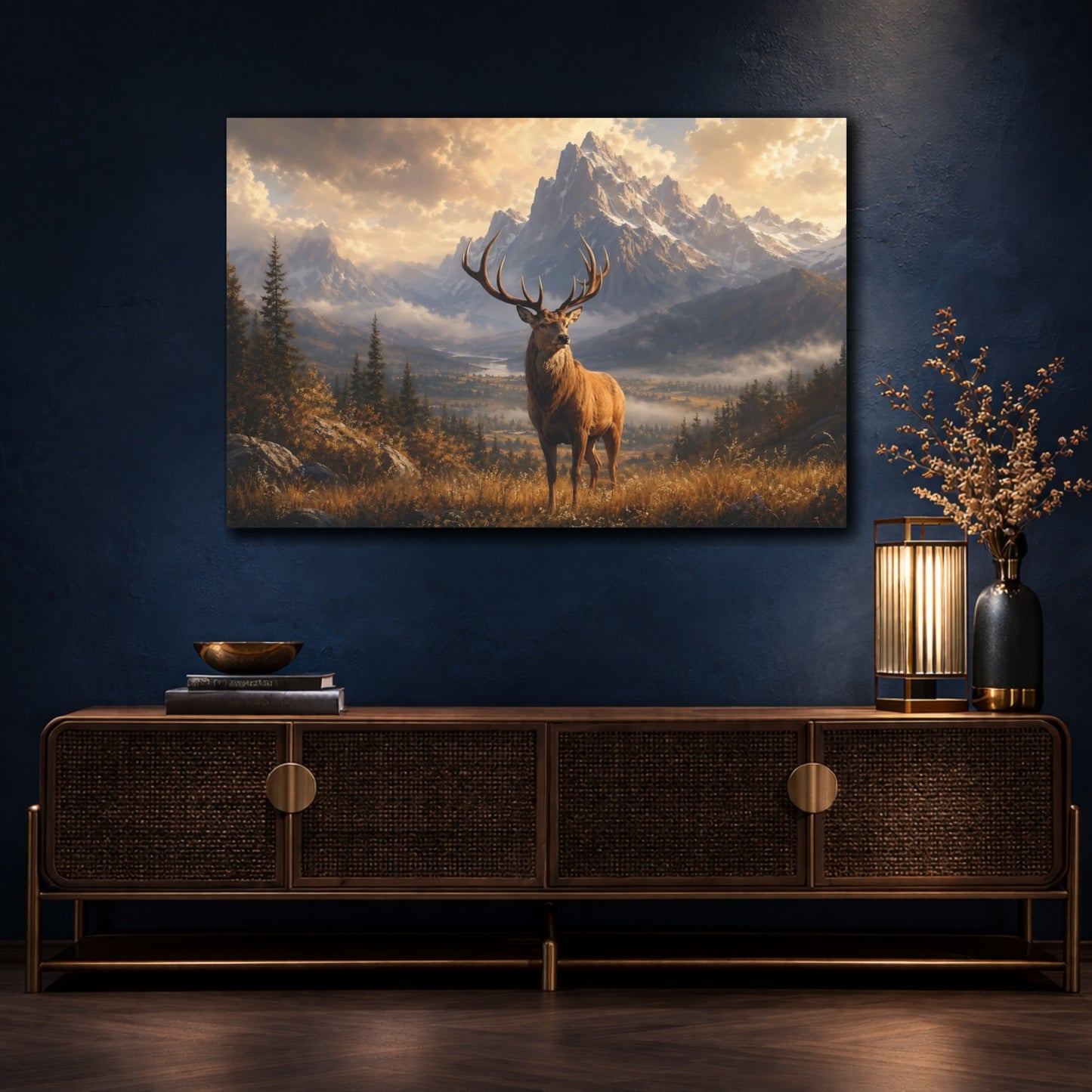 Mockup 4. Nature Deer Brown Gold Landscape shown as stretched canvas wall art
