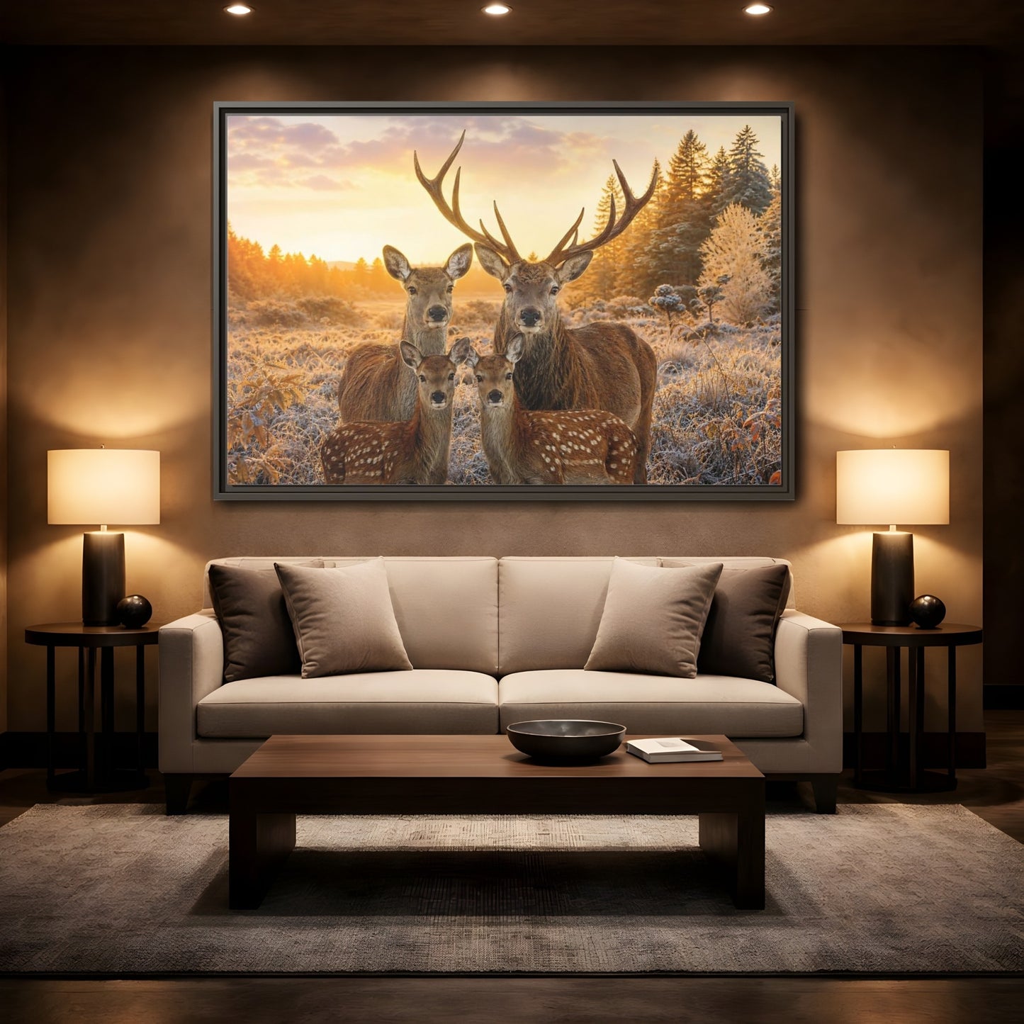 Mockup 2. Nature Deer Family Golden Deer Family shown as stretched canvas wall art