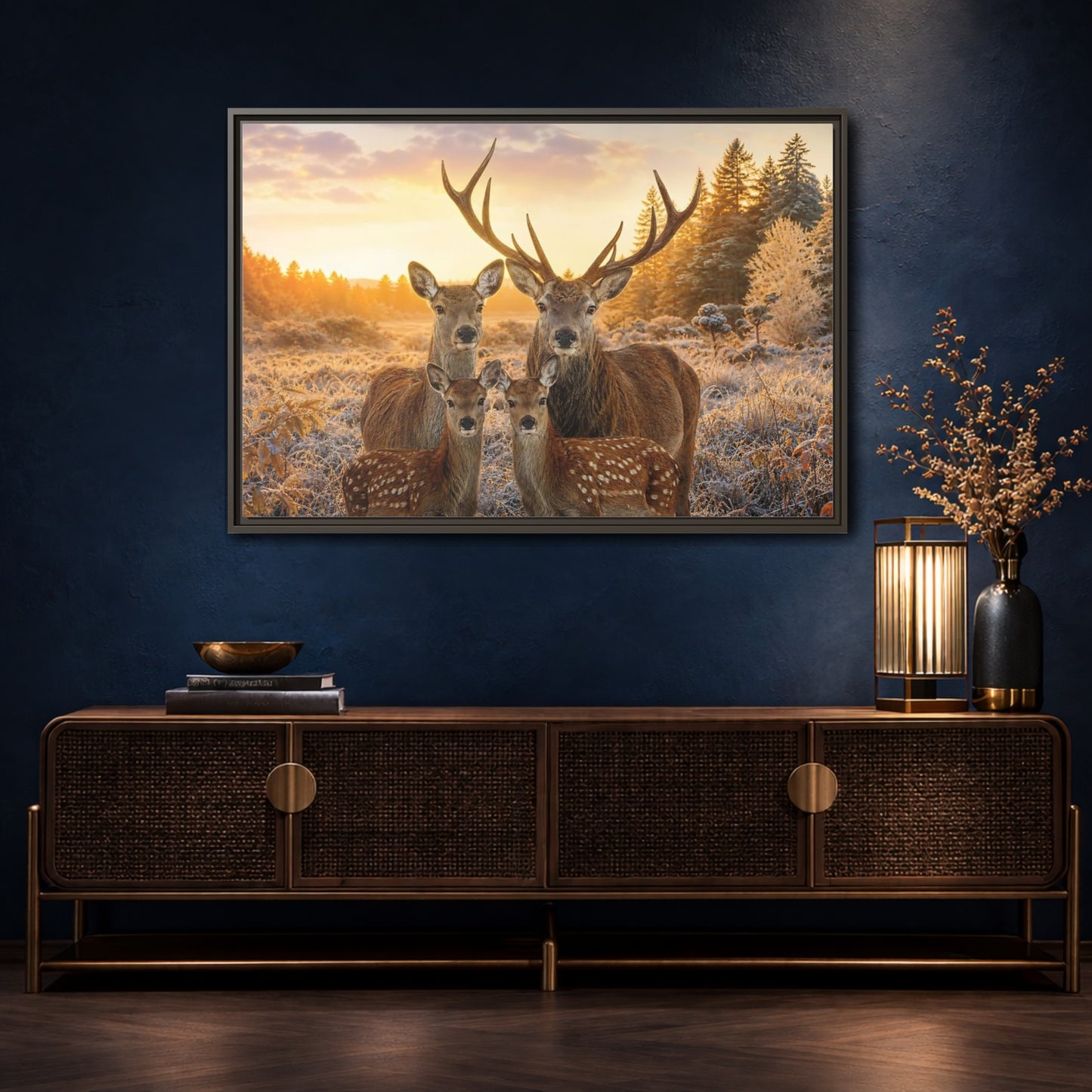 Mockup 4. Nature Deer Family Golden Deer Family shown as stretched canvas wall art