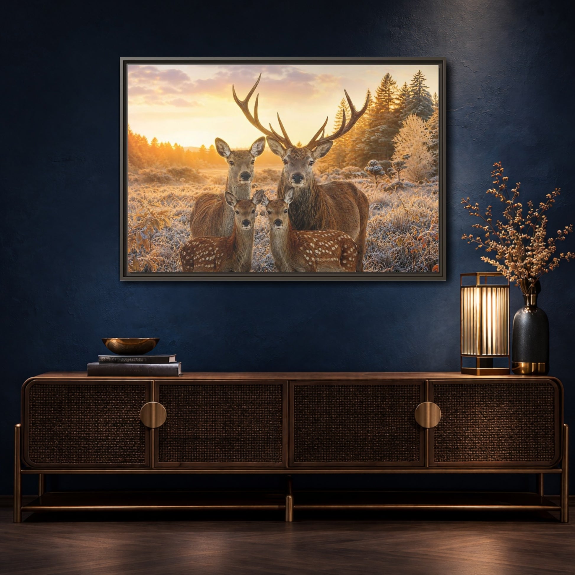 Mockup 4. Nature Deer Family Golden Deer Family shown as stretched canvas wall art