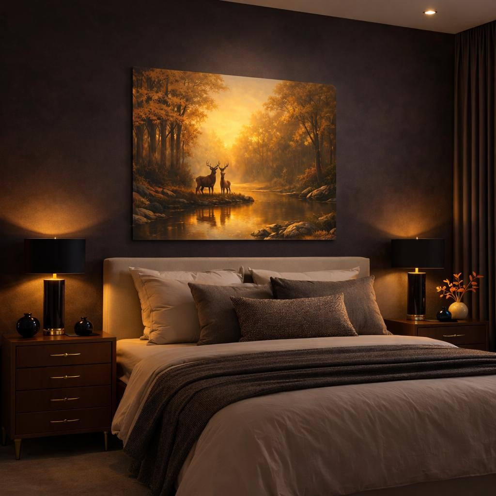 Nature Deer Golden Forest shown as canvas wall art in a luxury bedroom