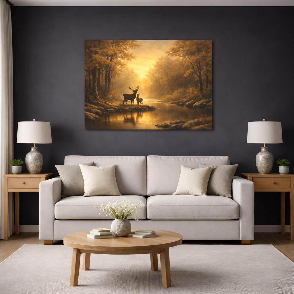 Nature Deer Golden Forest shown as canvas wall art in a modern living room