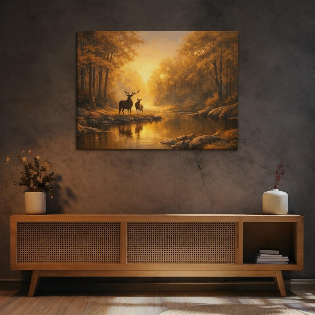 Nature Deer Golden Forest shown as canvas wall art in a sophisticated contemporary living space