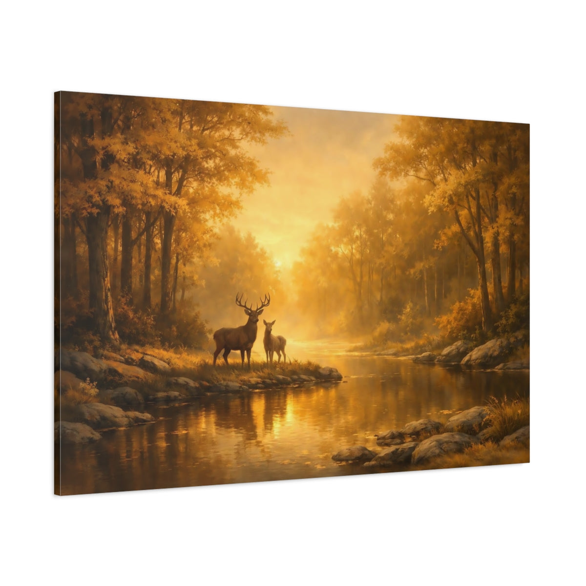 Nature Deer Golden Forest shown as stretched canvas wall art