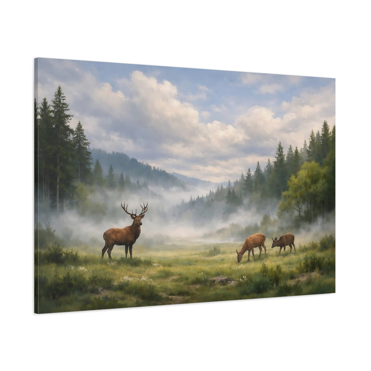 Side Mockup 1. Nature Deer Green Forest Deer shown as stretched canvas wall art