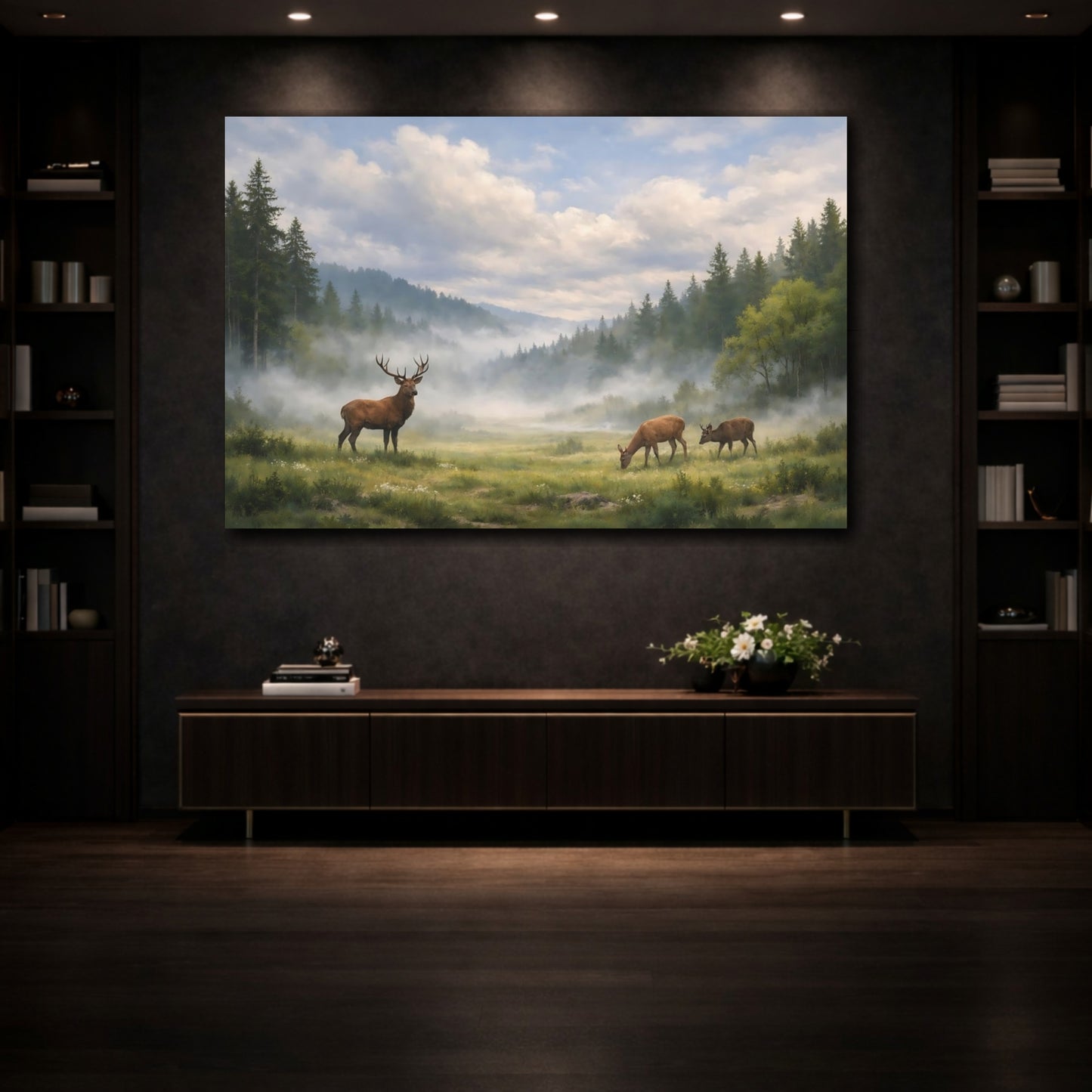 Mockup 3. Nature Deer Green Forest Deer shown as stretched canvas wall art