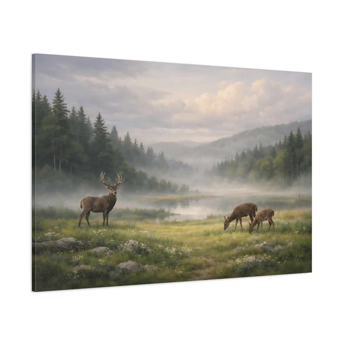 Side Mockup 1. Nature Deer Misty Forest Landscape shown as stretched canvas wall art