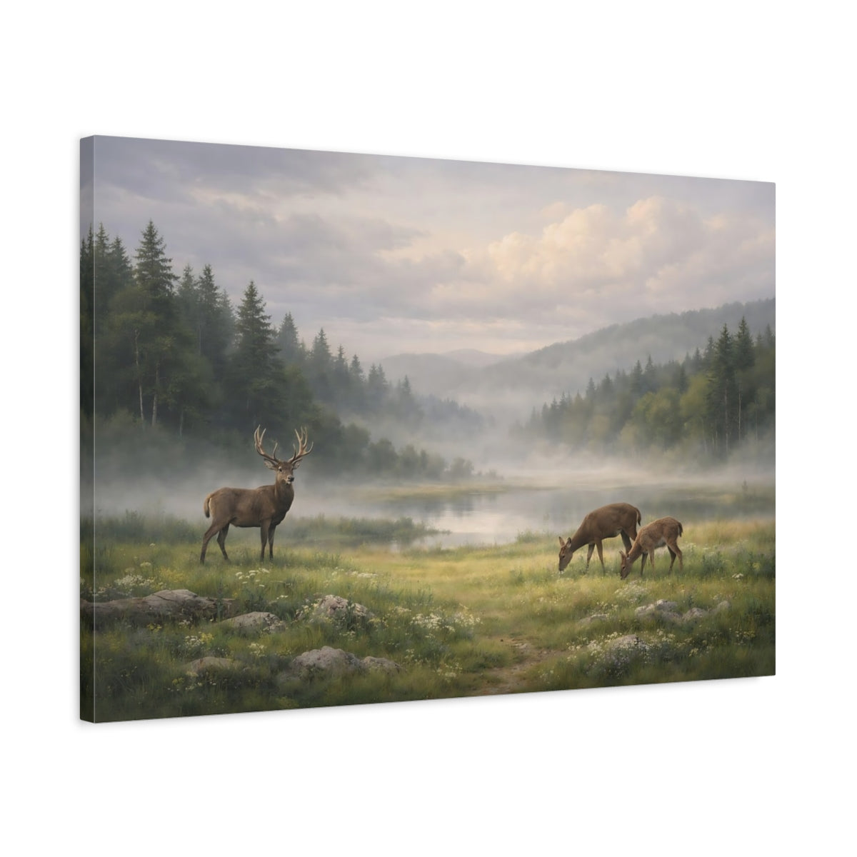Side Mockup 2. Nature Deer Misty Forest Landscape shown as stretched canvas wall art