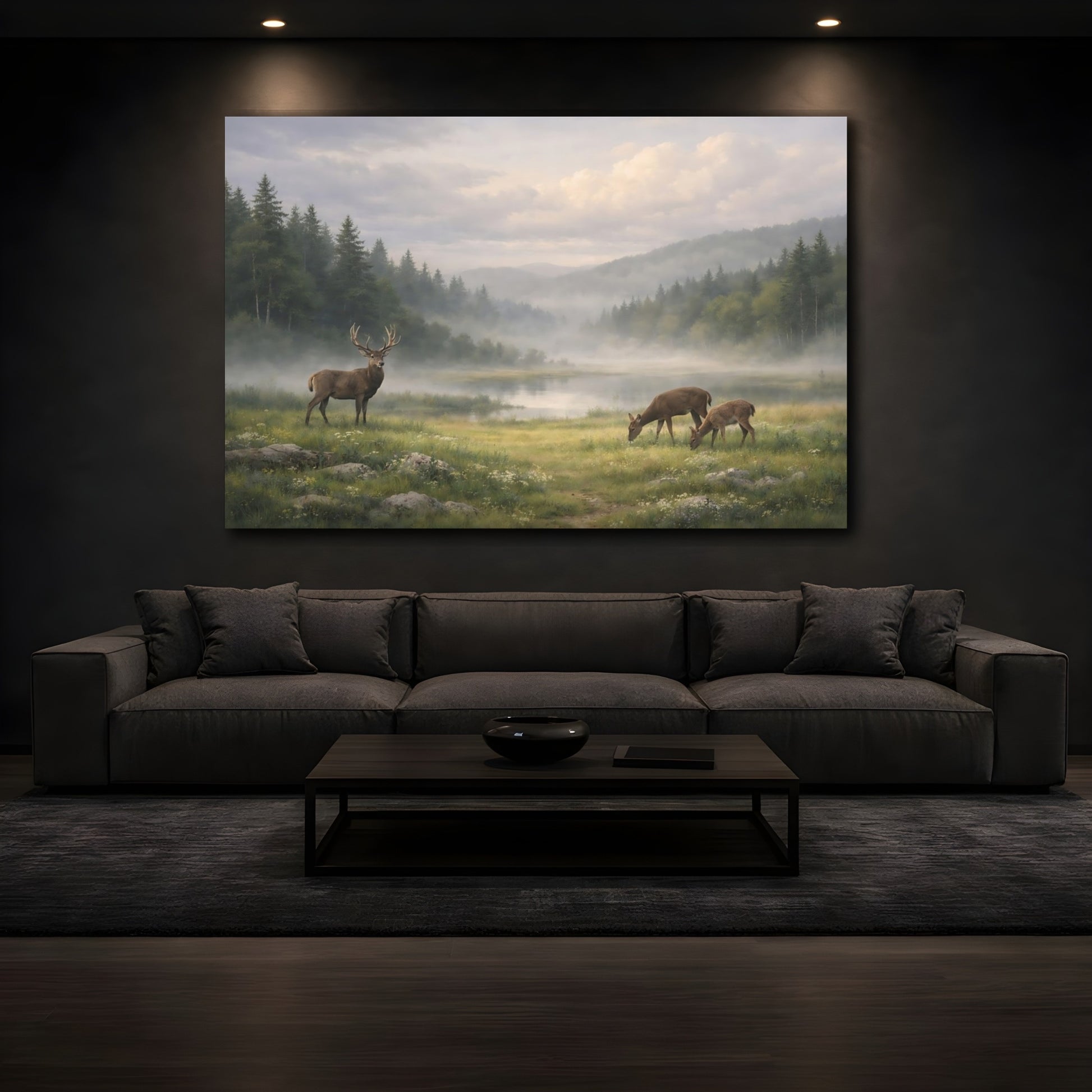 Mockup 2. Nature Deer Misty Forest Landscape shown as stretched canvas wall art