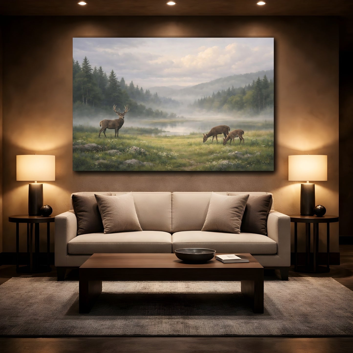 Mockup 3. Nature Deer Misty Forest Landscape shown as stretched canvas wall art