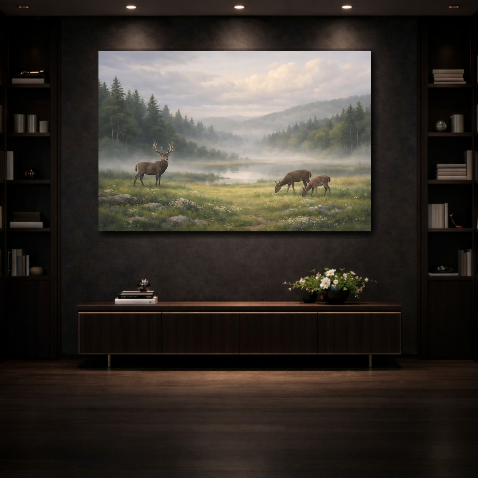 Mockup 4. Nature Deer Misty Forest Landscape shown as stretched canvas wall art