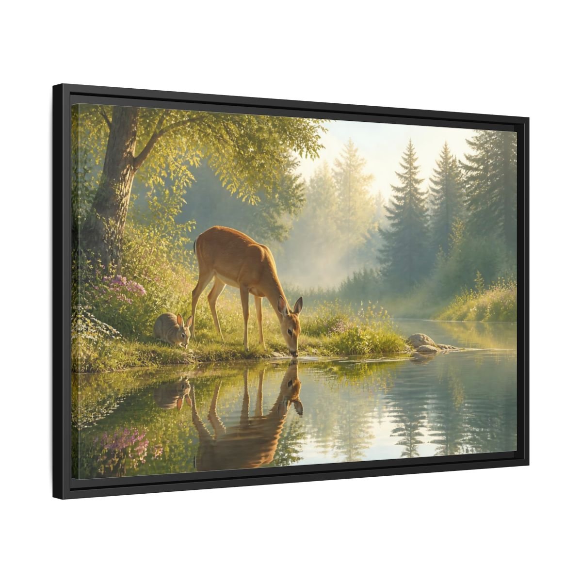 Nature Deer Rabbit Forest Animals Framed Canvas Wall Art Print – realistic Living Room, Above Console Table - YesArtYes