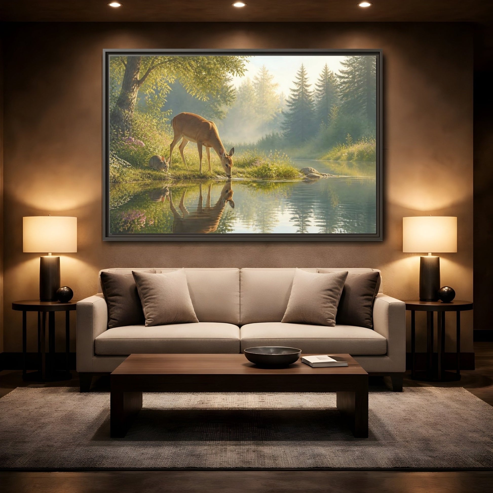 Nature Deer Rabbit Forest Animals Framed Canvas Wall Art Print – realistic Living Room, Above Console Table - YesArtYes