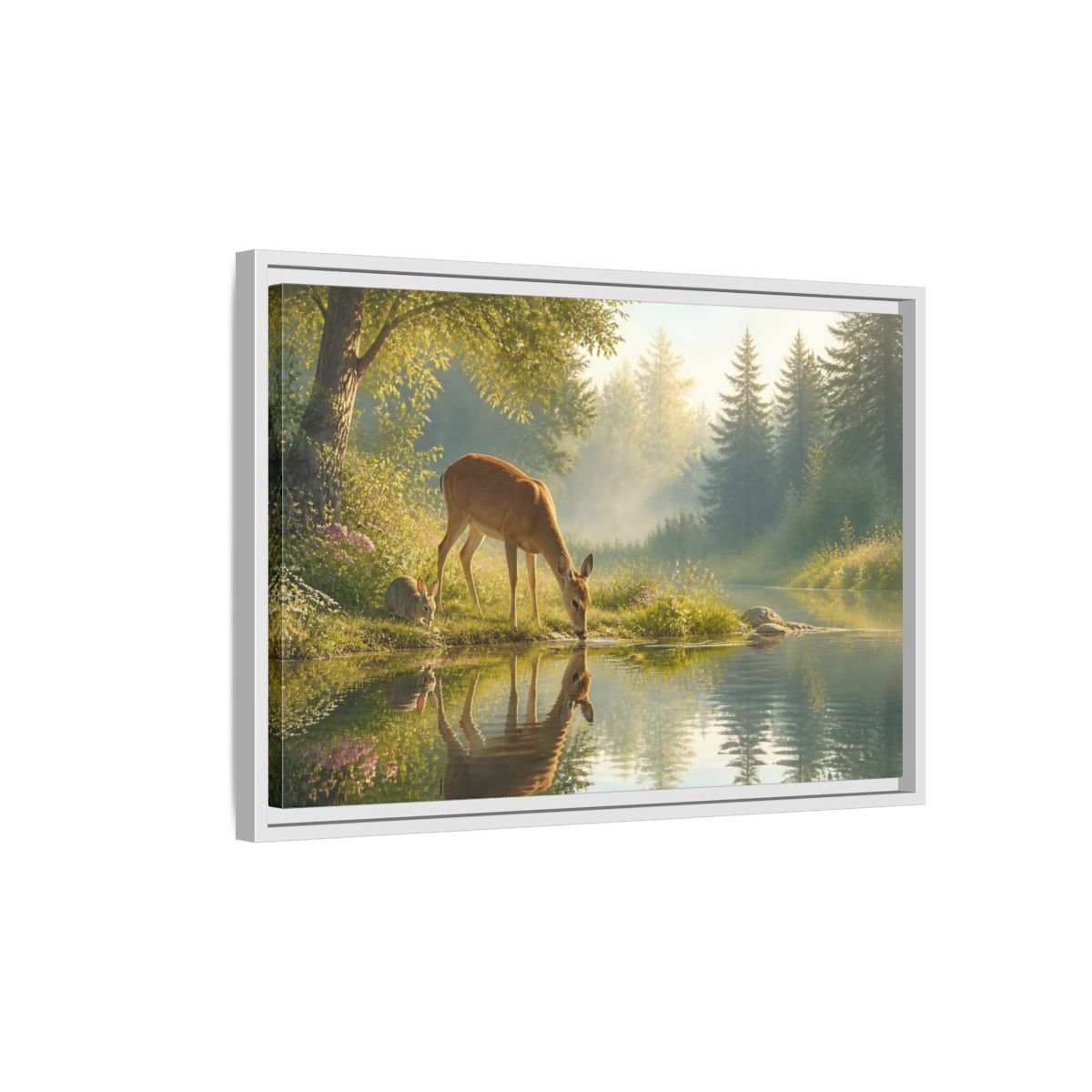 Nature Deer Rabbit Forest Animals Framed Canvas Wall Art Print – realistic Living Room, Above Console Table - YesArtYes